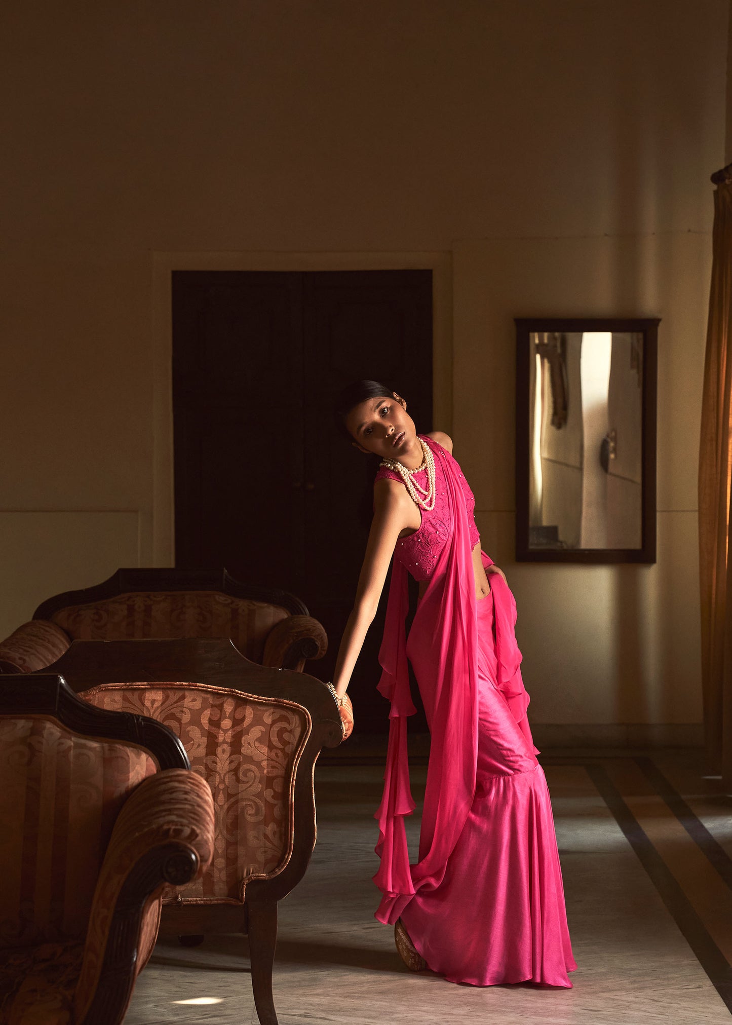 Bebo Hot Pink Organza Halter Neck schiffli embroidery Top & Sharara Set