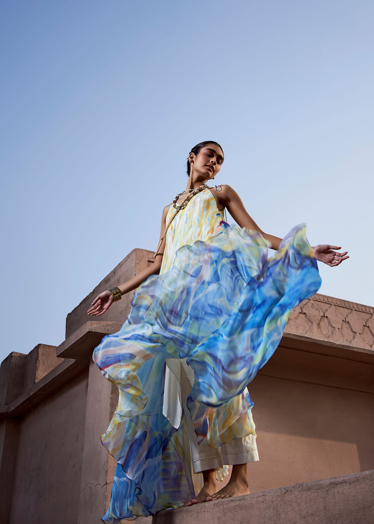 Sky Hand-Painted A-Line Tunic & Ivory Pencil Pants