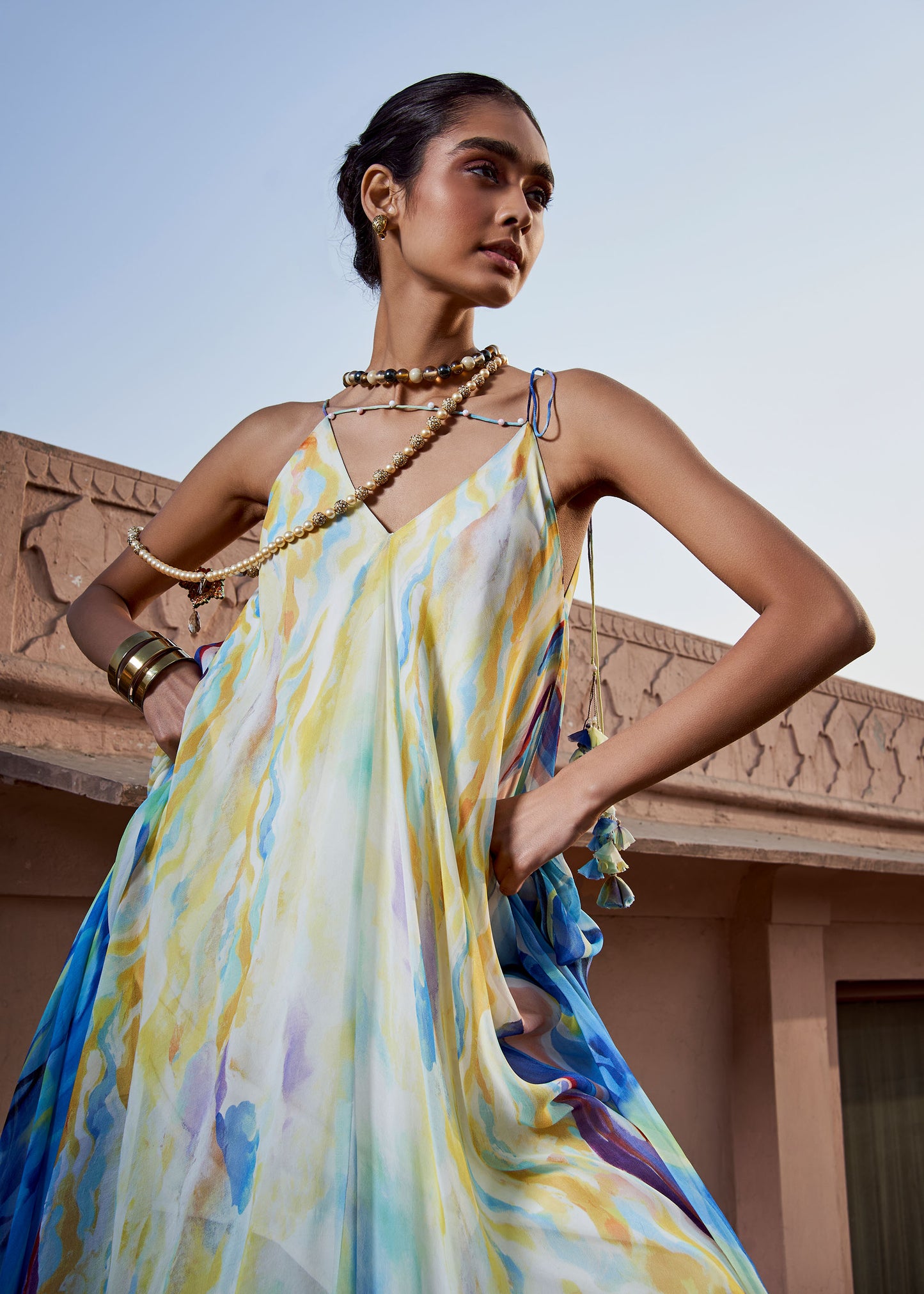 Sky Hand-Painted A-Line Tunic & Ivory Pencil Pants