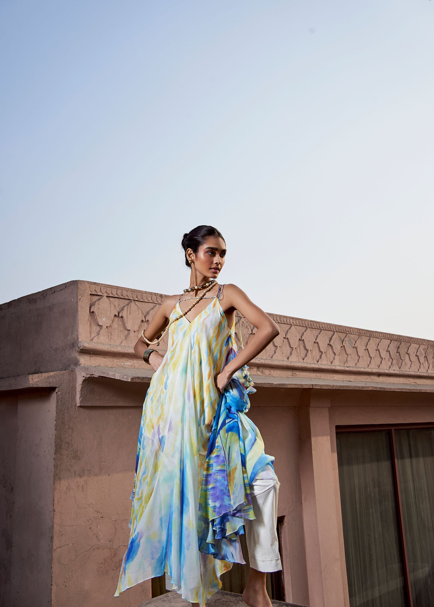 Sky Hand-Painted A-Line Tunic & Ivory Pencil Pants