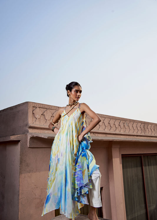 Sky Hand-Painted A-Line Tunic & Ivory Pencil Pants