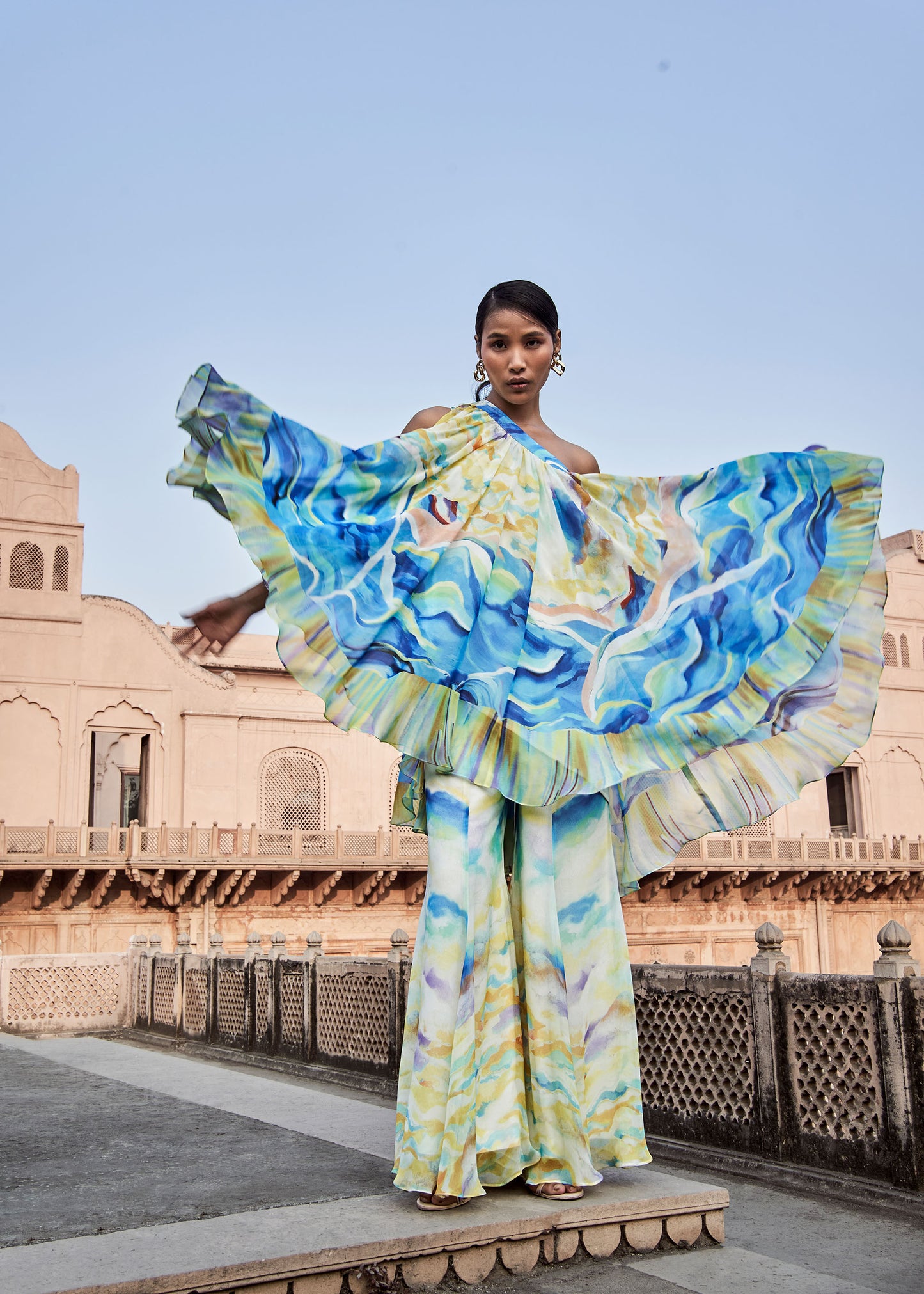 Osheen Multi color One-Shoulder Tunic with Flared Sharara