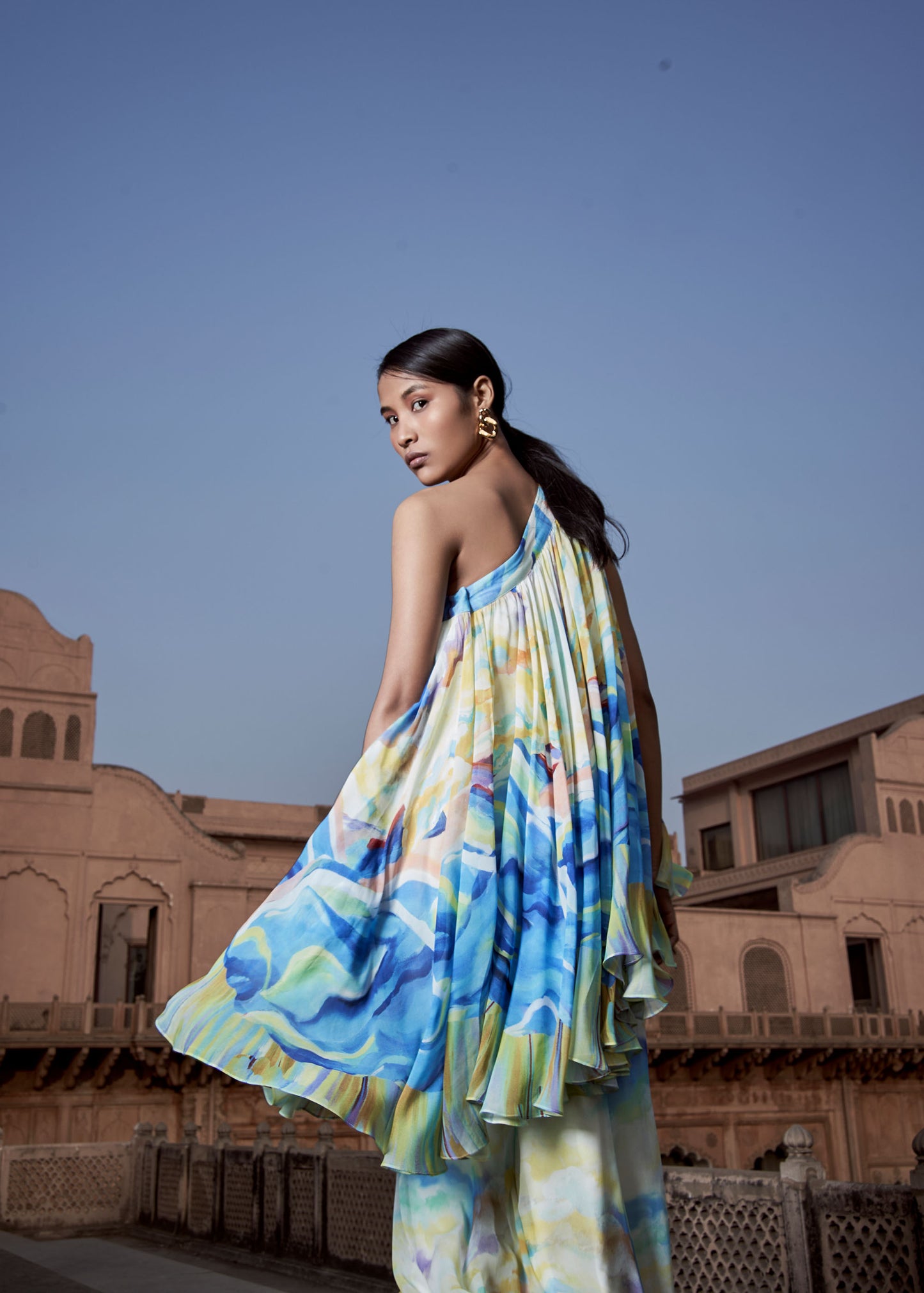 Osheen Multi color One-Shoulder Tunic with Flared Sharara