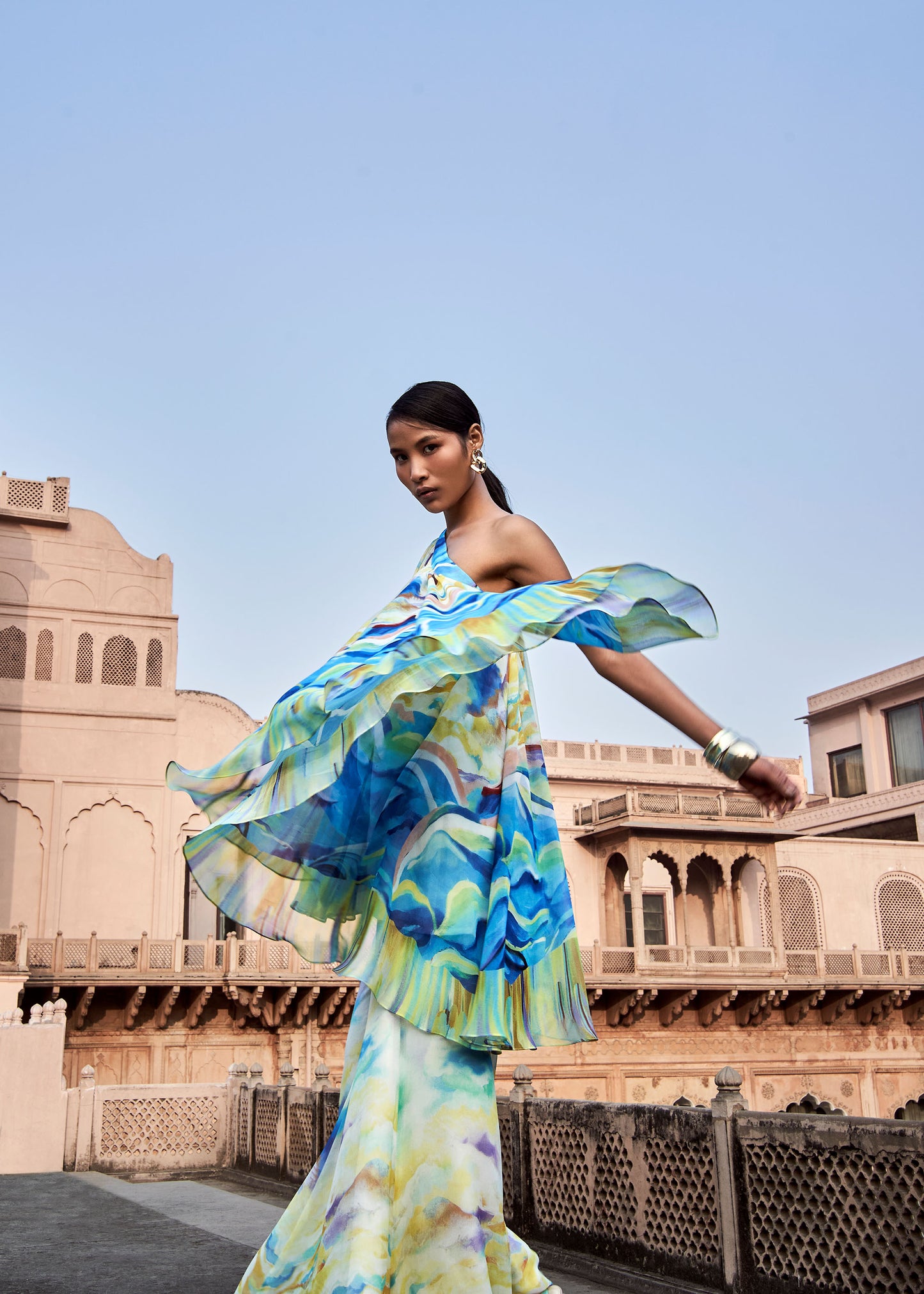 Osheen Multi color One-Shoulder Tunic with Flared Sharara