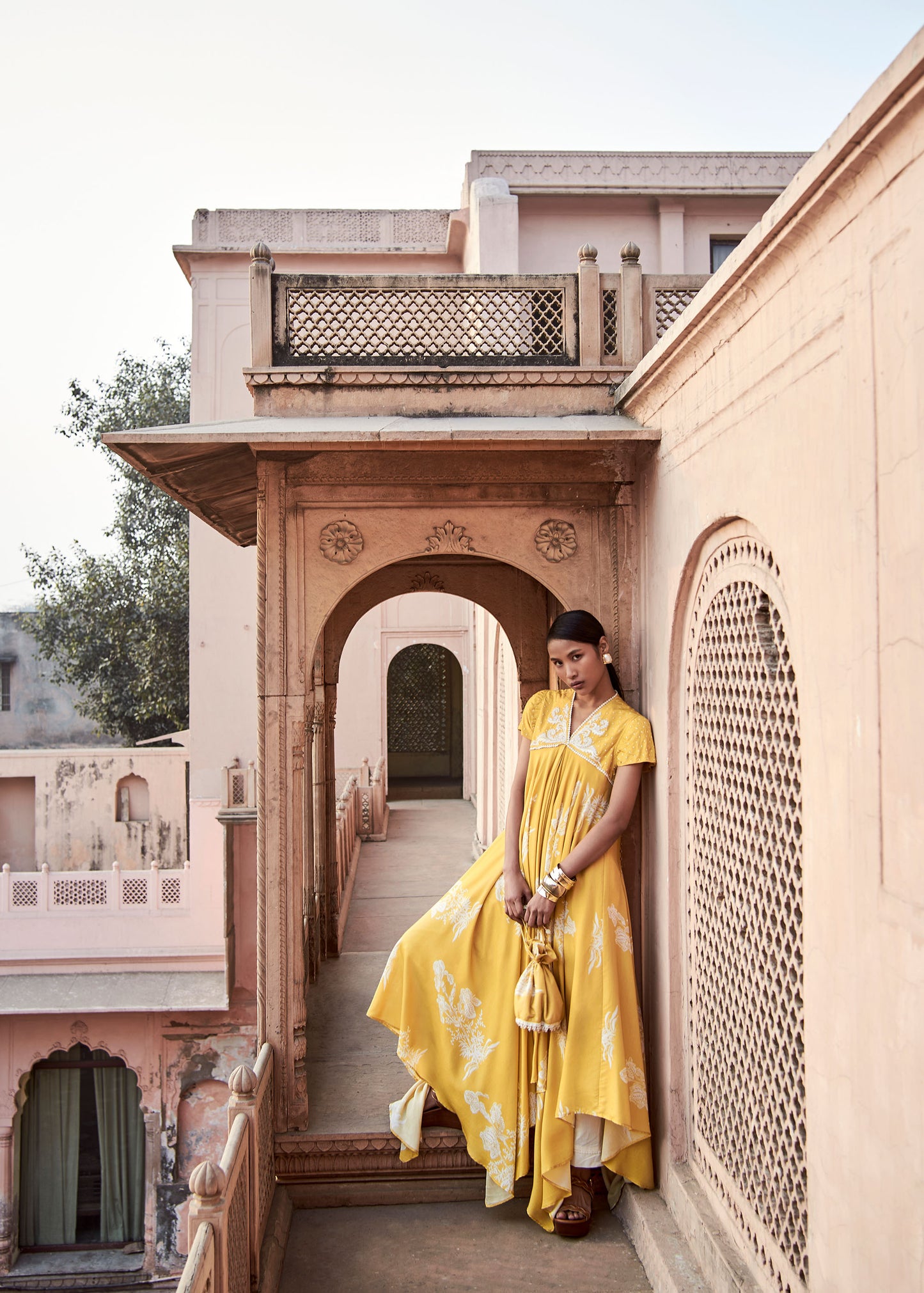Noor Floral Embroidered Yellow Kurta with Ivory Straight Pants