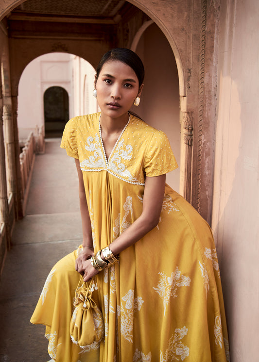 Noor Floral Embroidered Yellow Kurta with Ivory Straight Pants