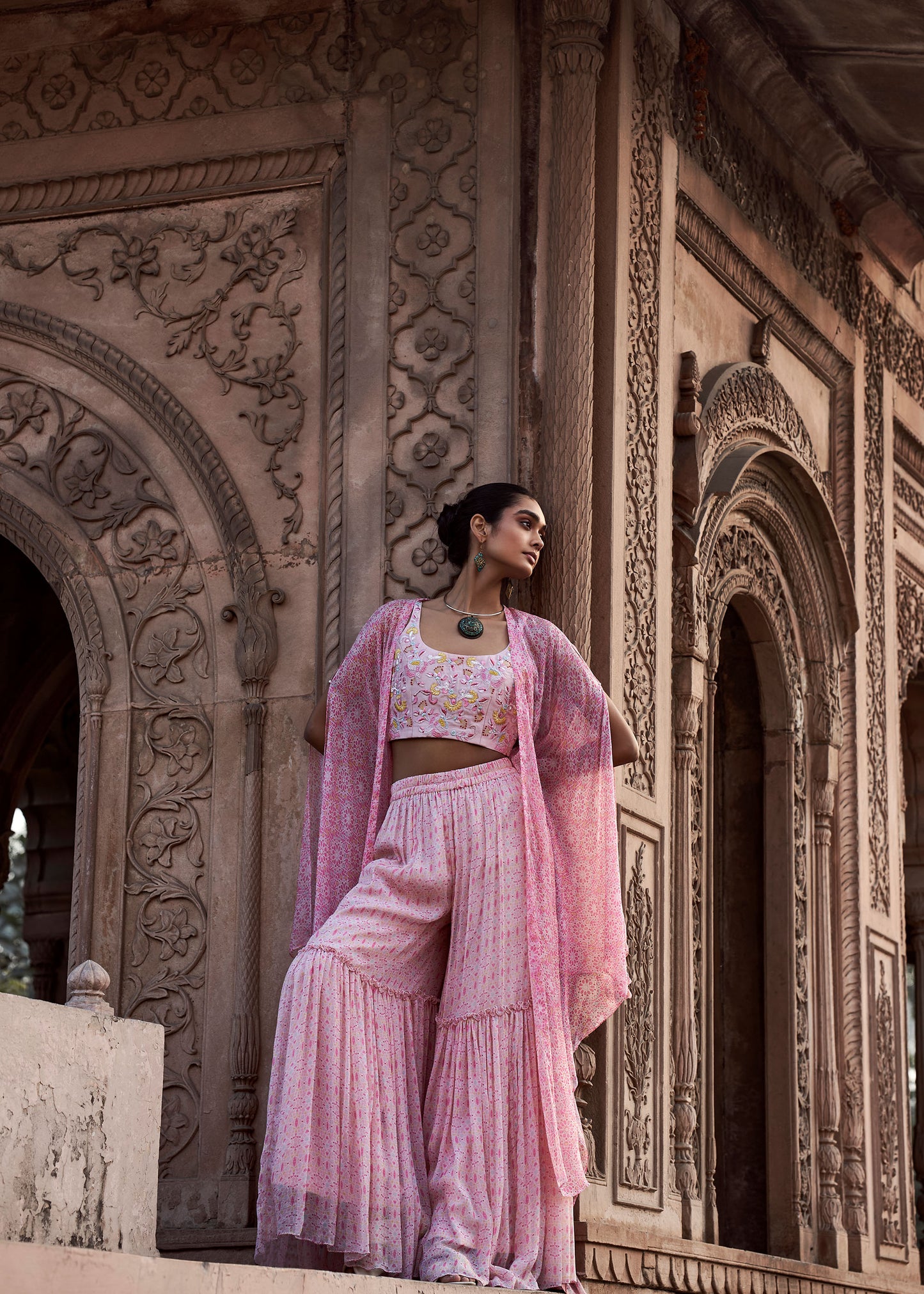 ARSHIYA Embroidered Short Blouse with Pink Printed Jacket and Sharara Pants