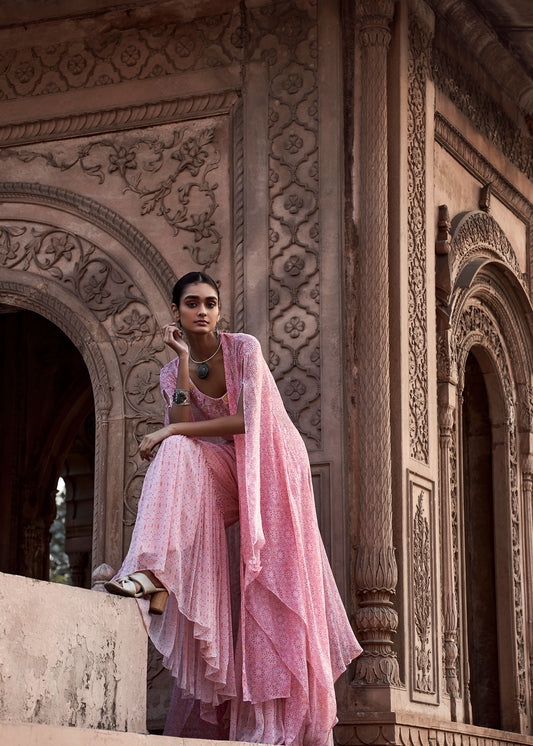 ARSHIYA Embroidered Short Blouse with Pink Printed Jacket and Sharara Pants