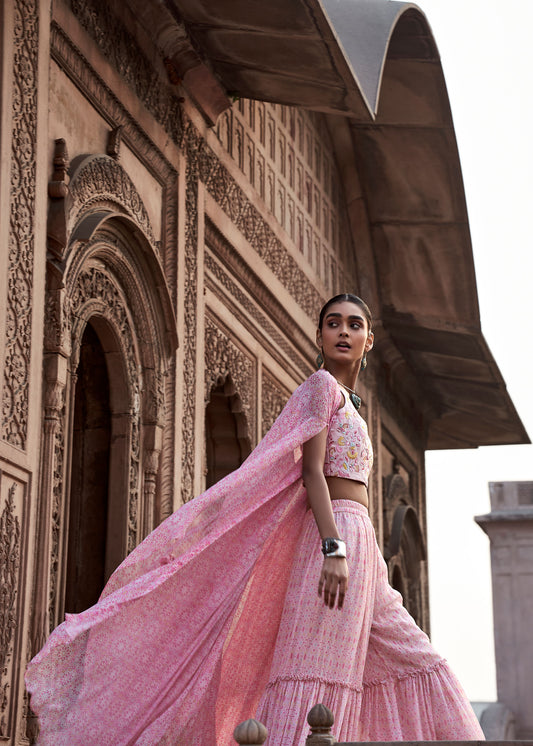 ARSHIYA Embroidered Short Blouse with Pink Printed Jacket and Sharara Pants