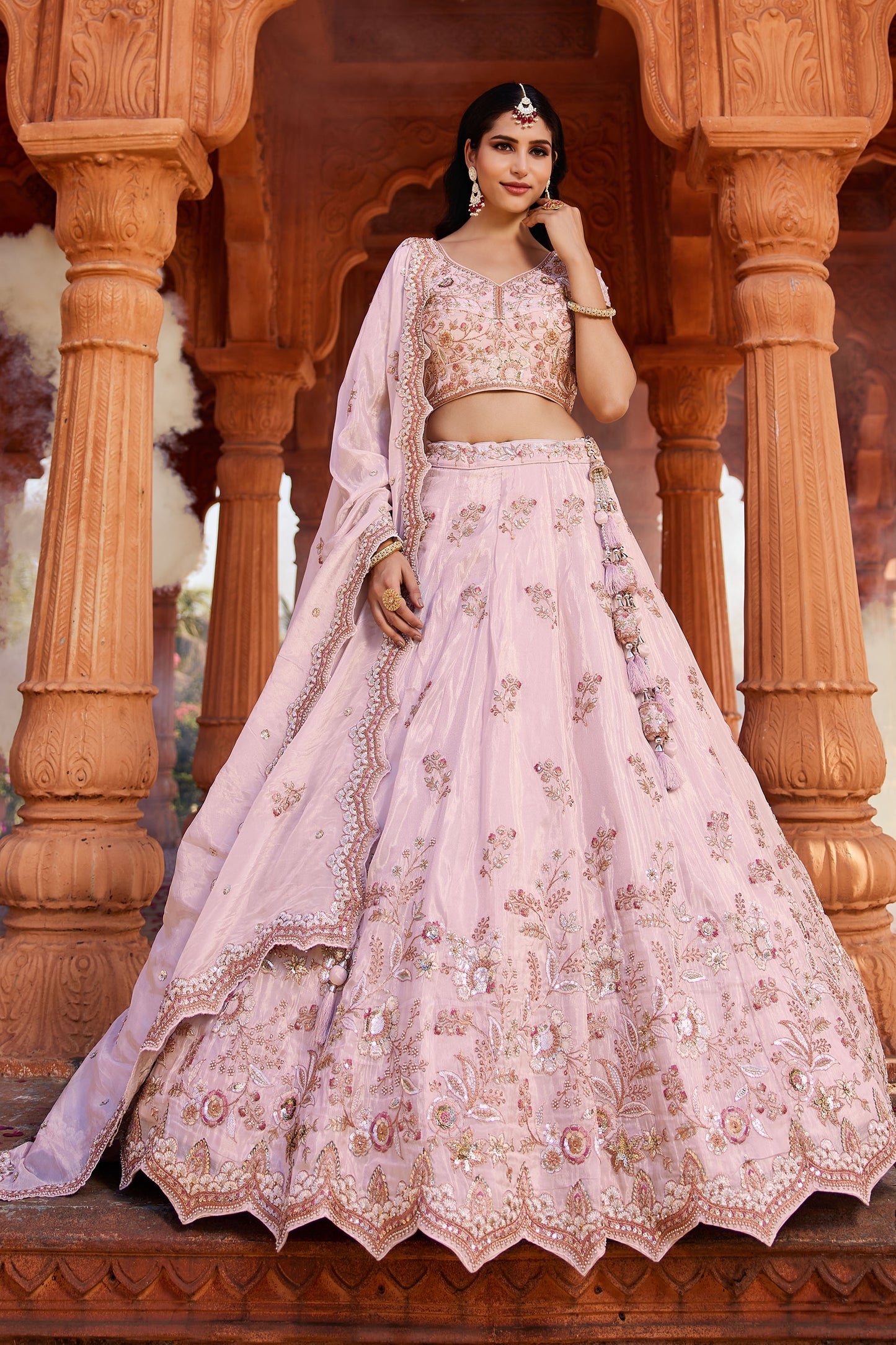 Coral Tissue Sequins embroidery Lehenga choli & Dupatta