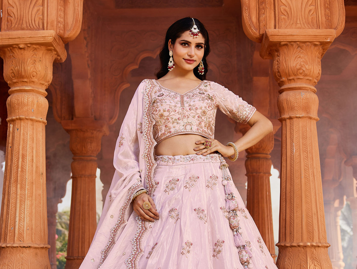 Coral Tissue Sequins embroidery Lehenga choli & Dupatta
