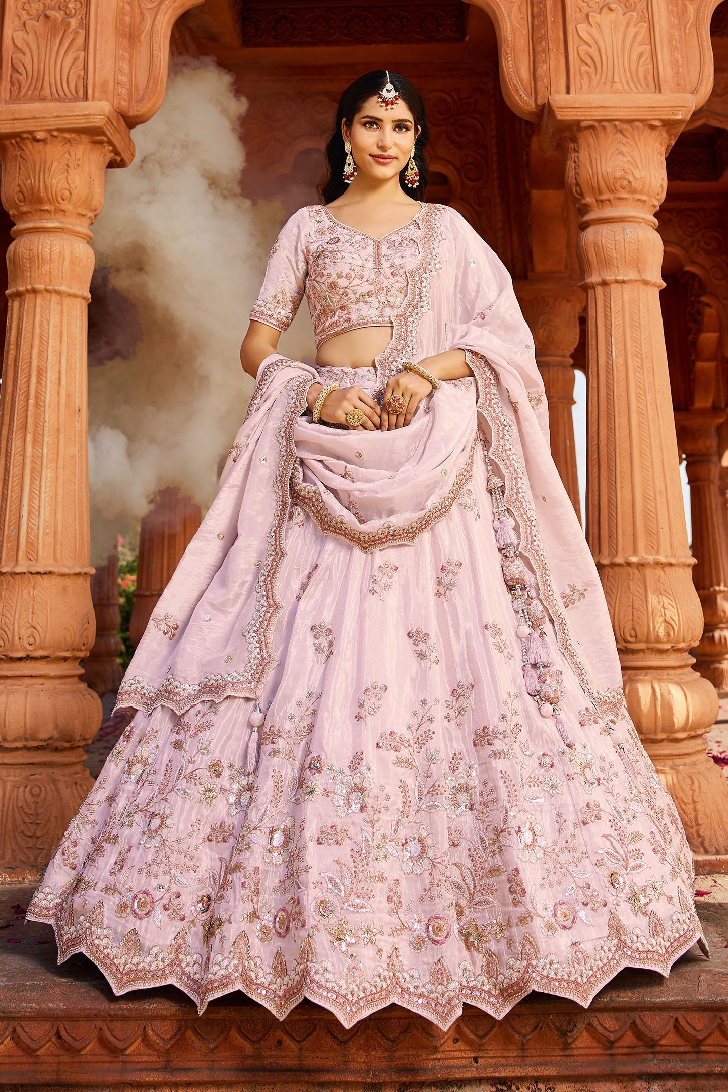 Coral Tissue Sequins embroidery Lehenga choli & Dupatta