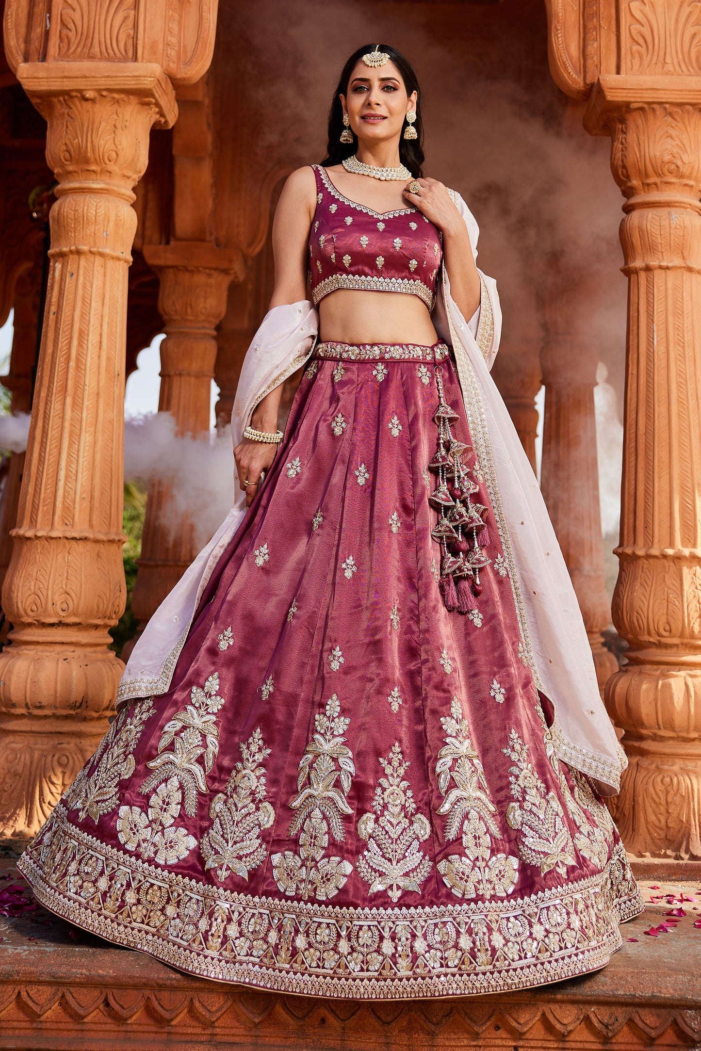 Burgundy Tissue Sequins embroidery Lehenga choli & Dupatta