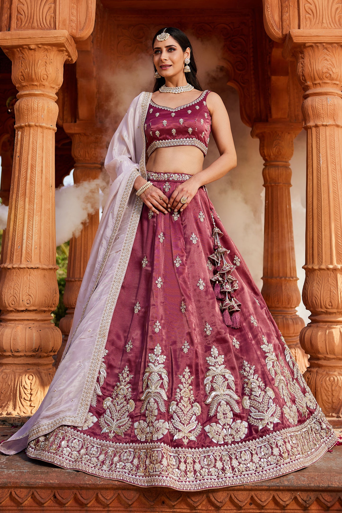 Burgundy Tissue Sequins embroidery Lehenga choli & Dupatta