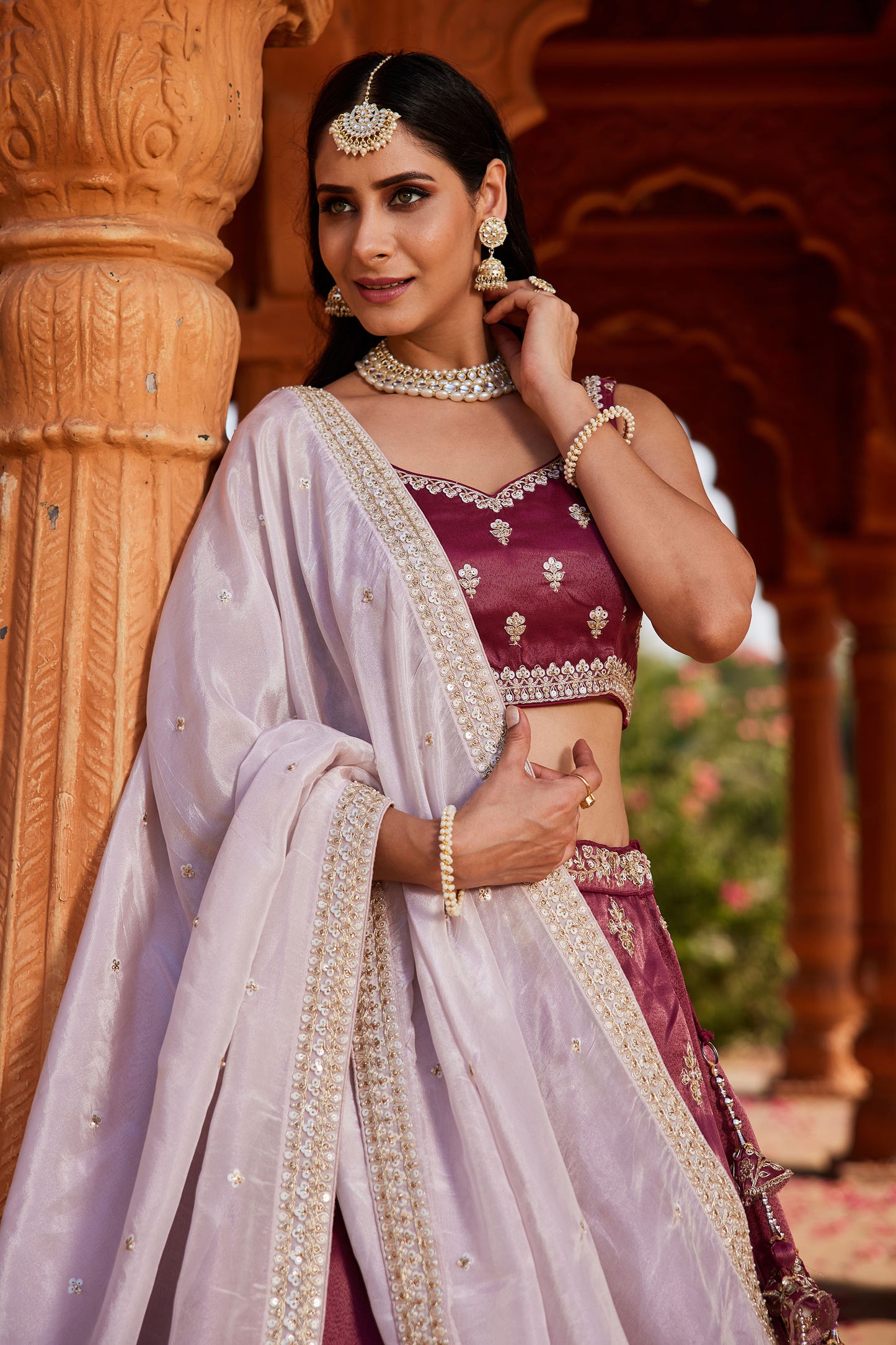 Burgundy Tissue Sequins embroidery Lehenga choli & Dupatta