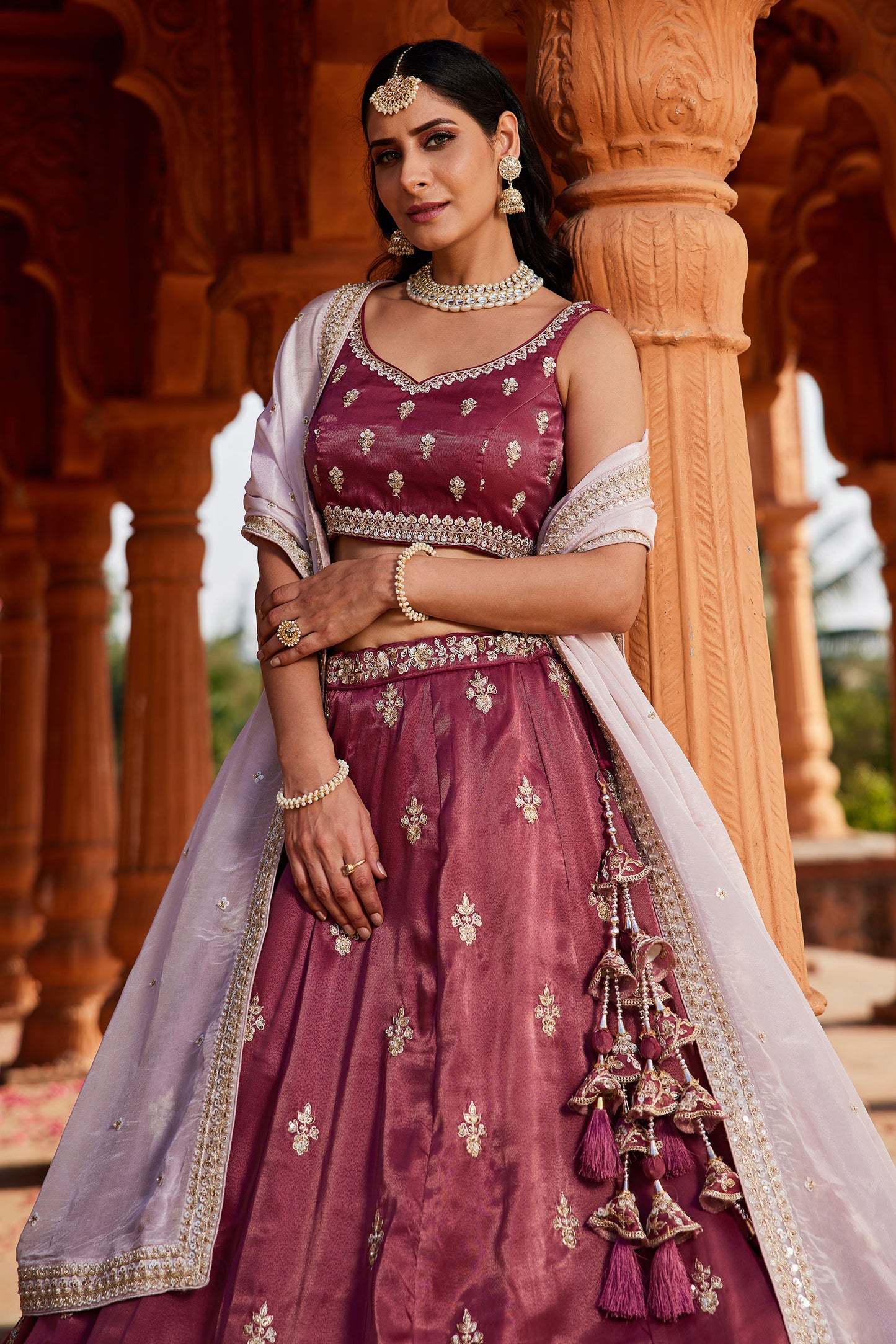 Burgundy Tissue Sequins embroidery Lehenga choli & Dupatta