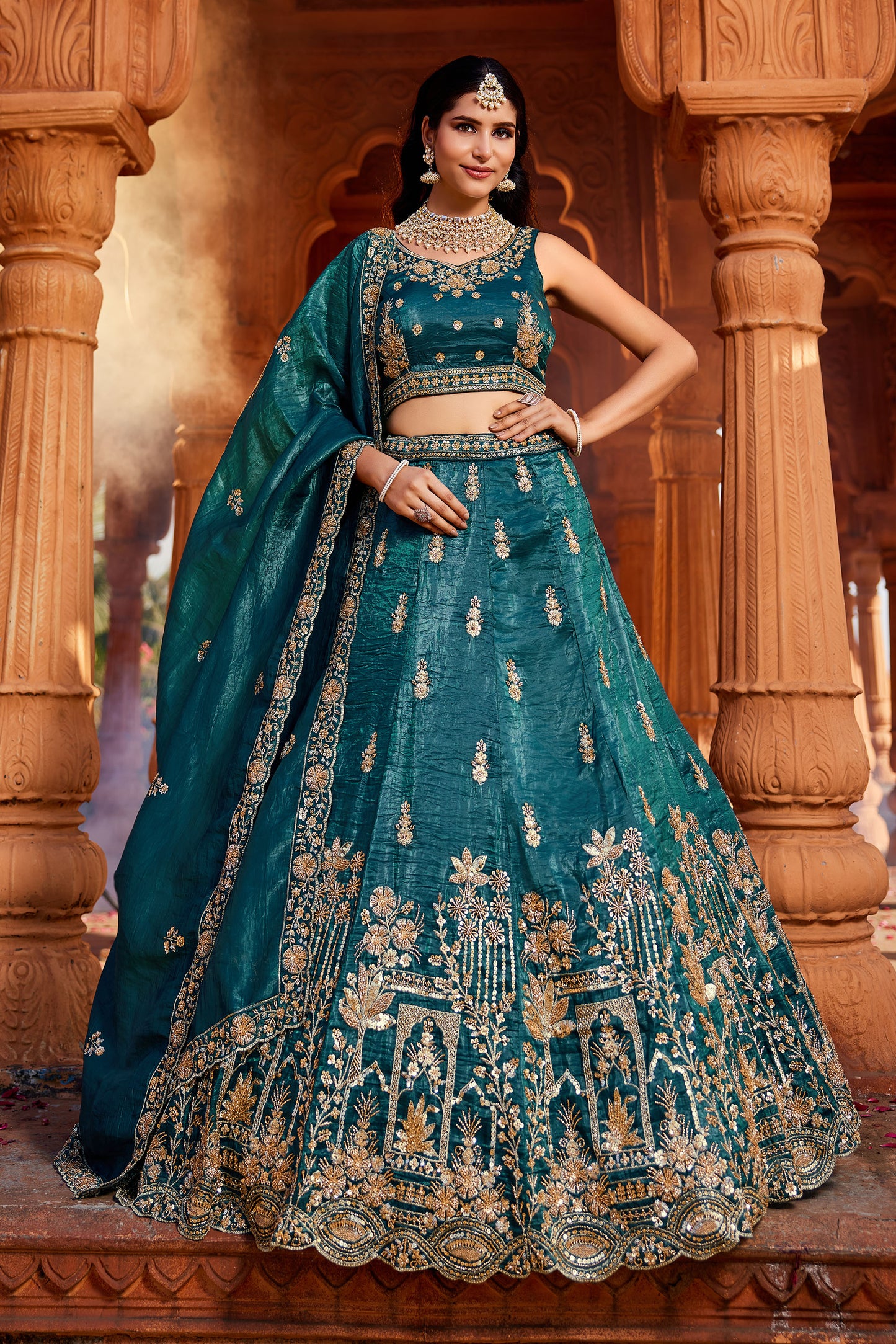 Teal Tissue Handwork cutdana embroidery Lehenga choli & Dupatta