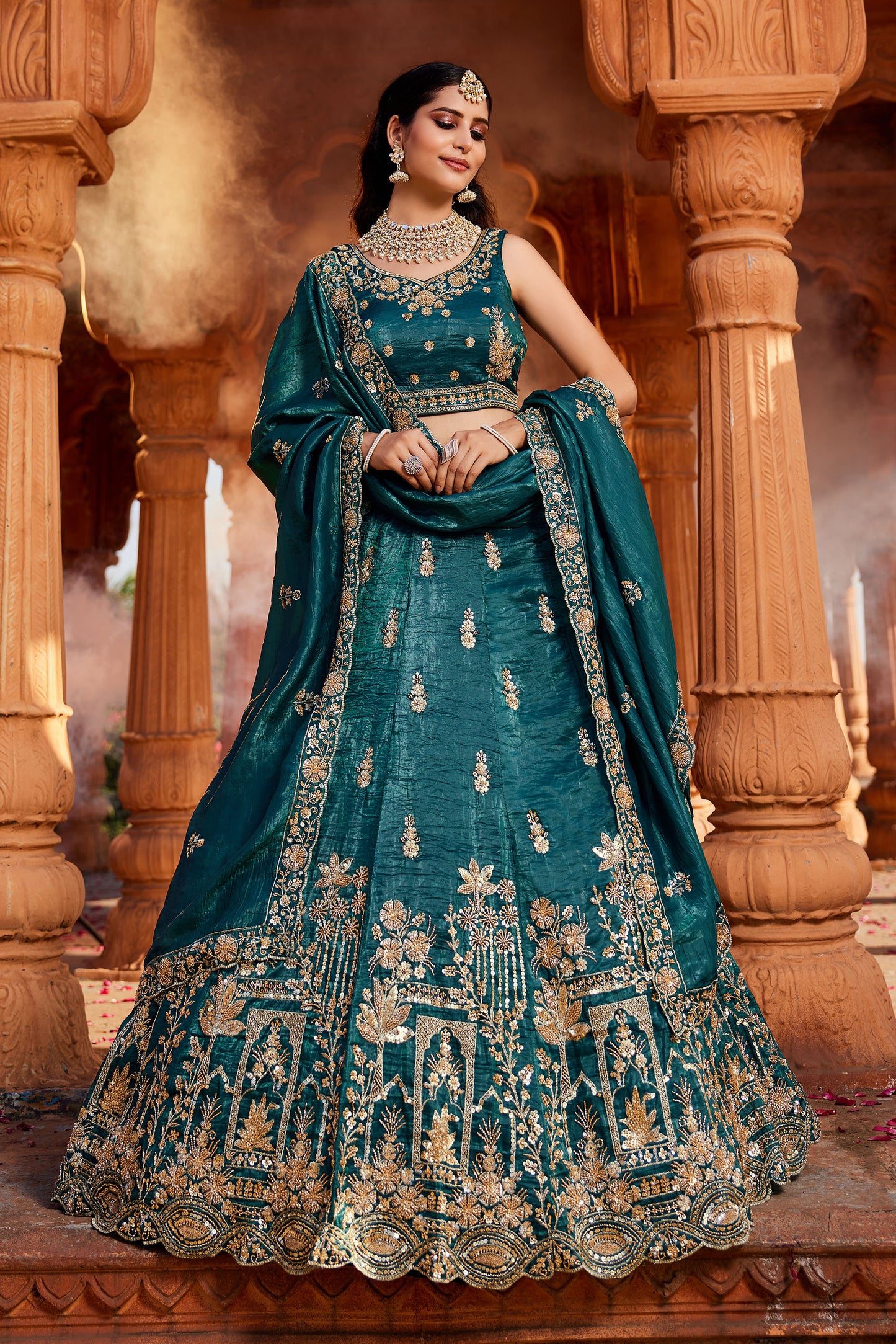 Teal Tissue Handwork cutdana embroidery Lehenga choli & Dupatta