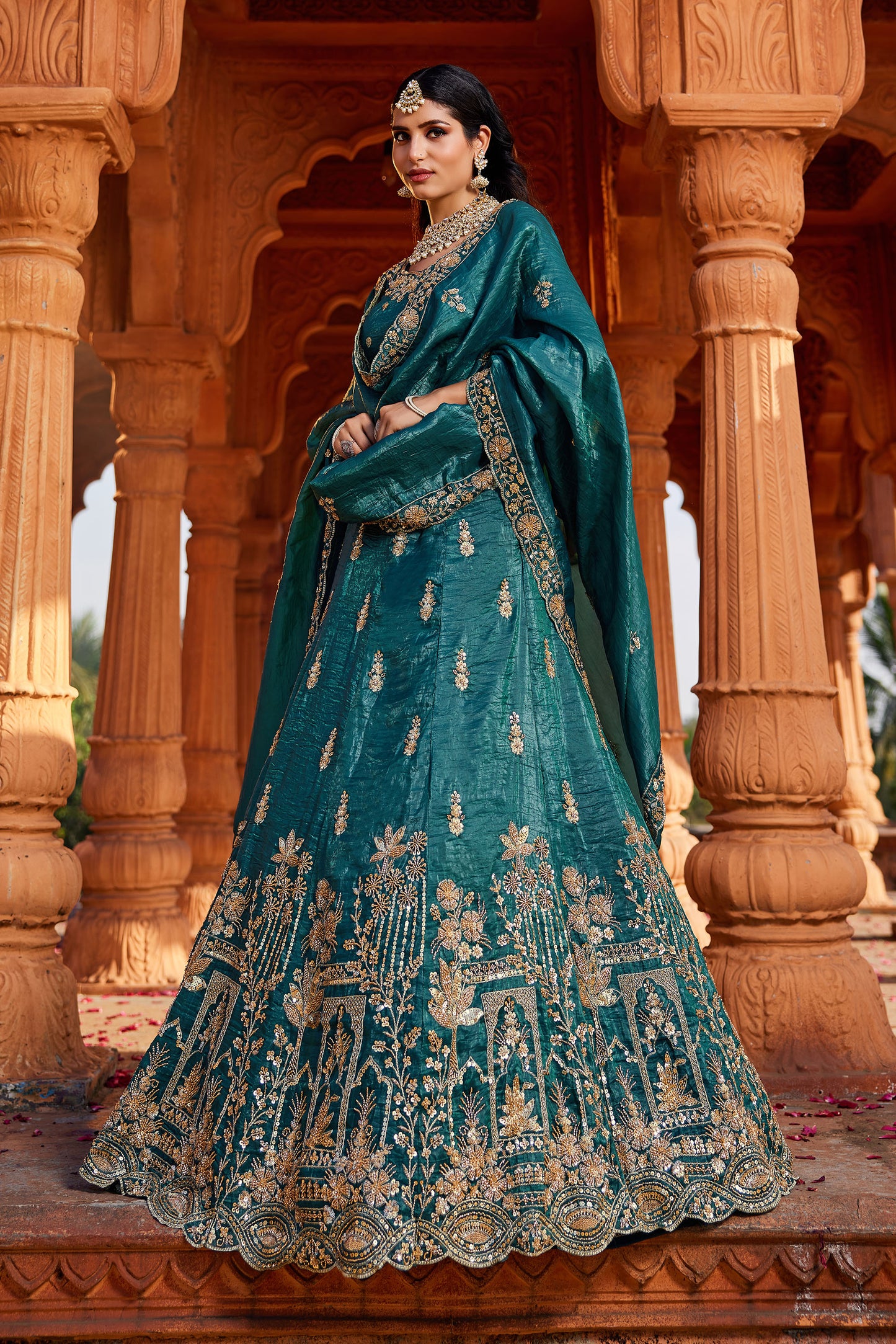 Teal Tissue Handwork cutdana embroidery Lehenga choli & Dupatta