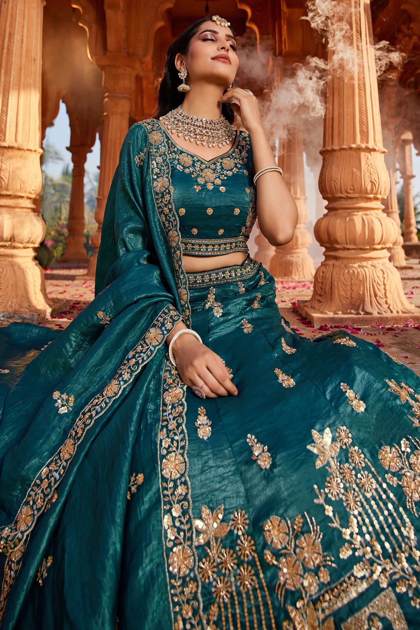 Teal Tissue Handwork cutdana embroidery Lehenga choli & Dupatta