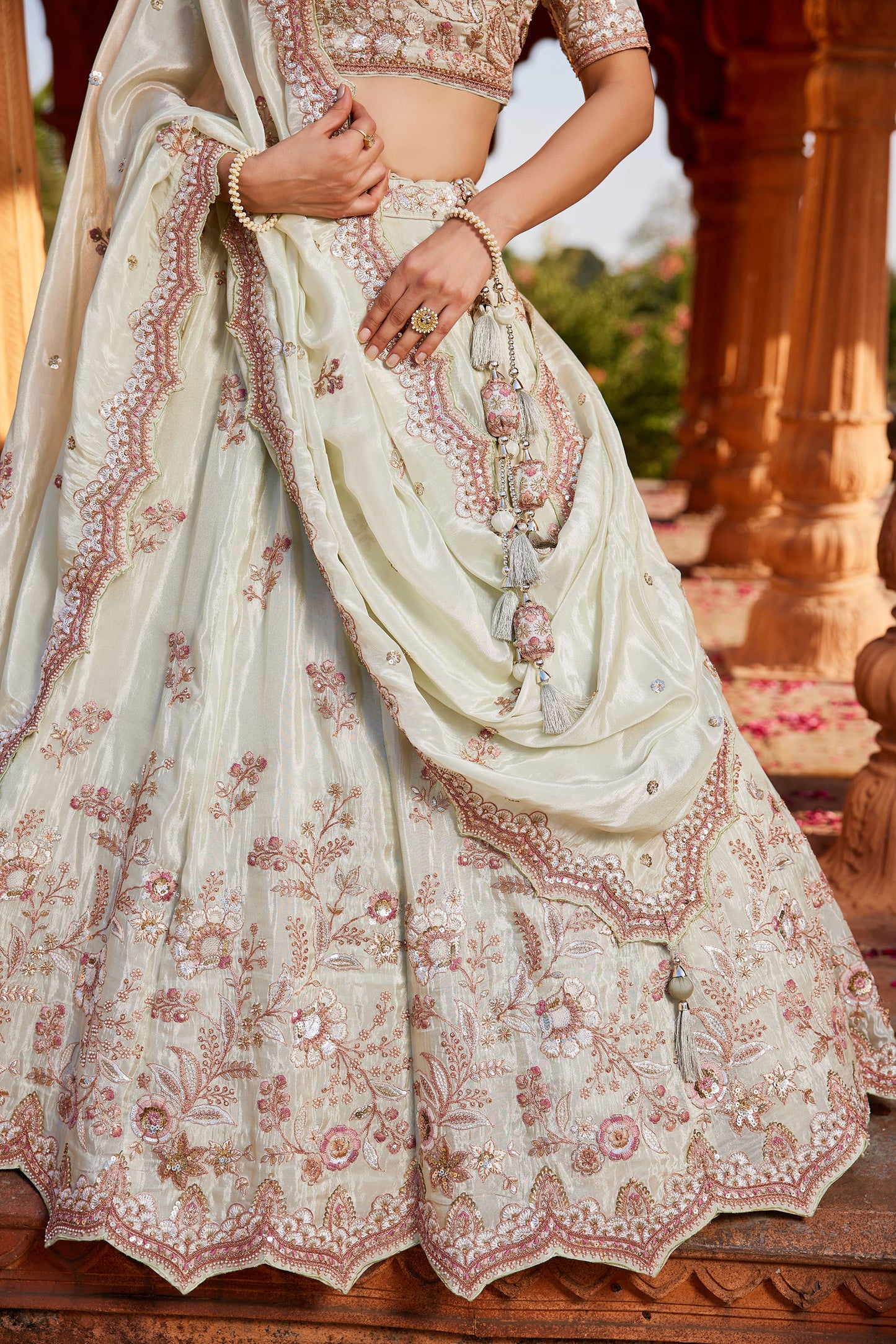 Lime green Tissue Sequins embroidery Lehenga choli & Dupatta