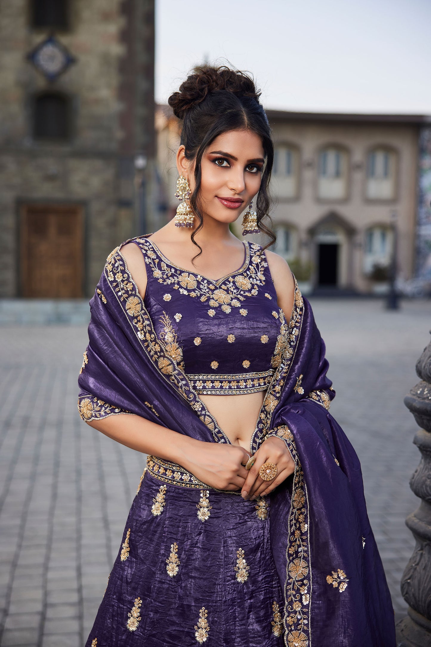 Purple Tissue Handwork cutdana embroidery Lehenga choli & Dupatta