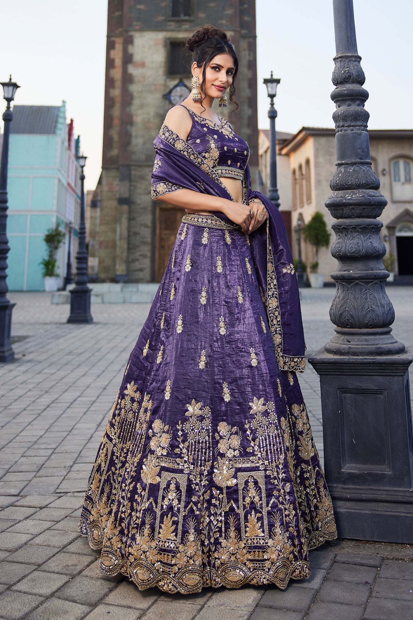 Purple Tissue Handwork cutdana embroidery Lehenga choli & Dupatta