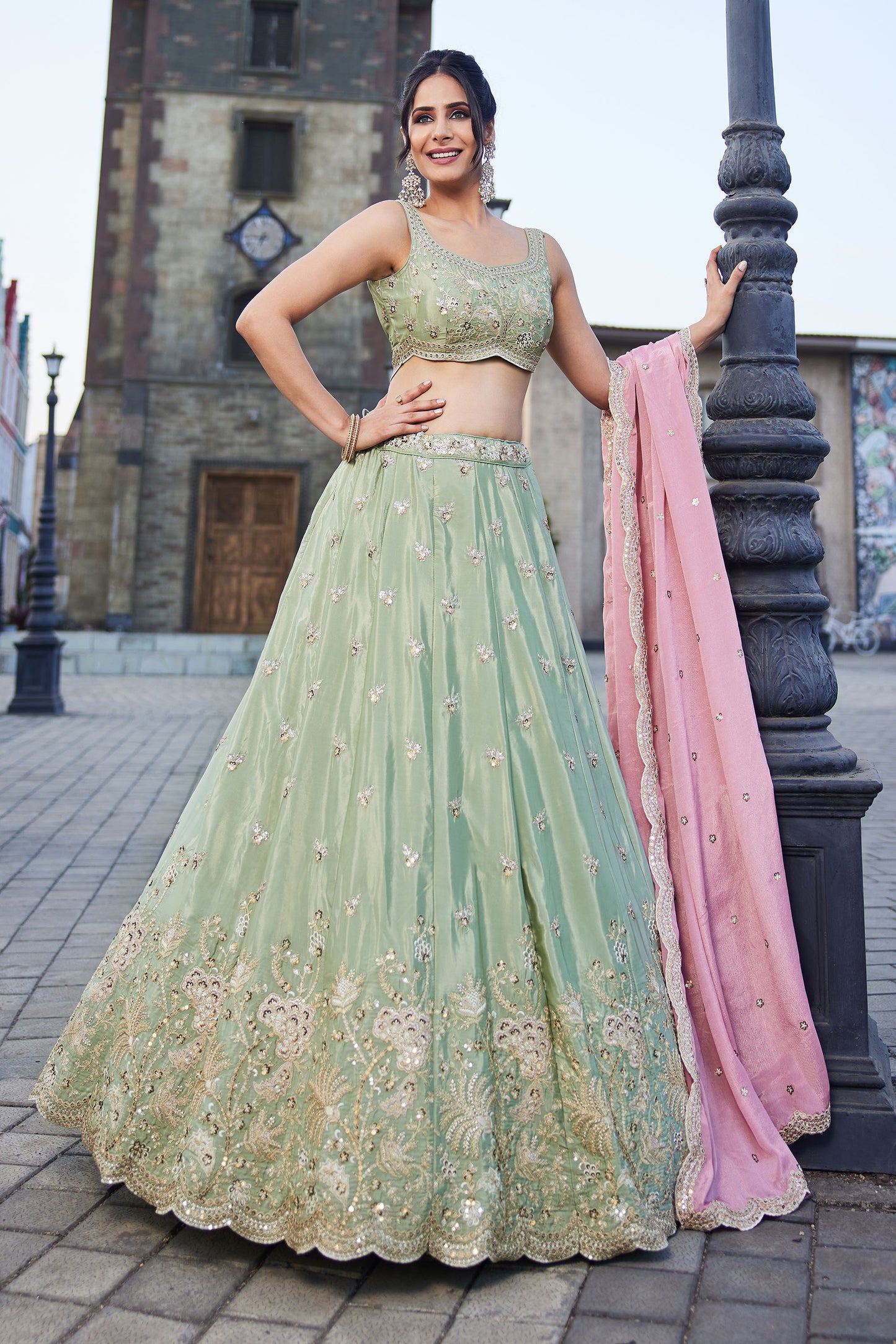Lime green Satin Silk Sequins embroidery Lehenga choli & Dupatta
