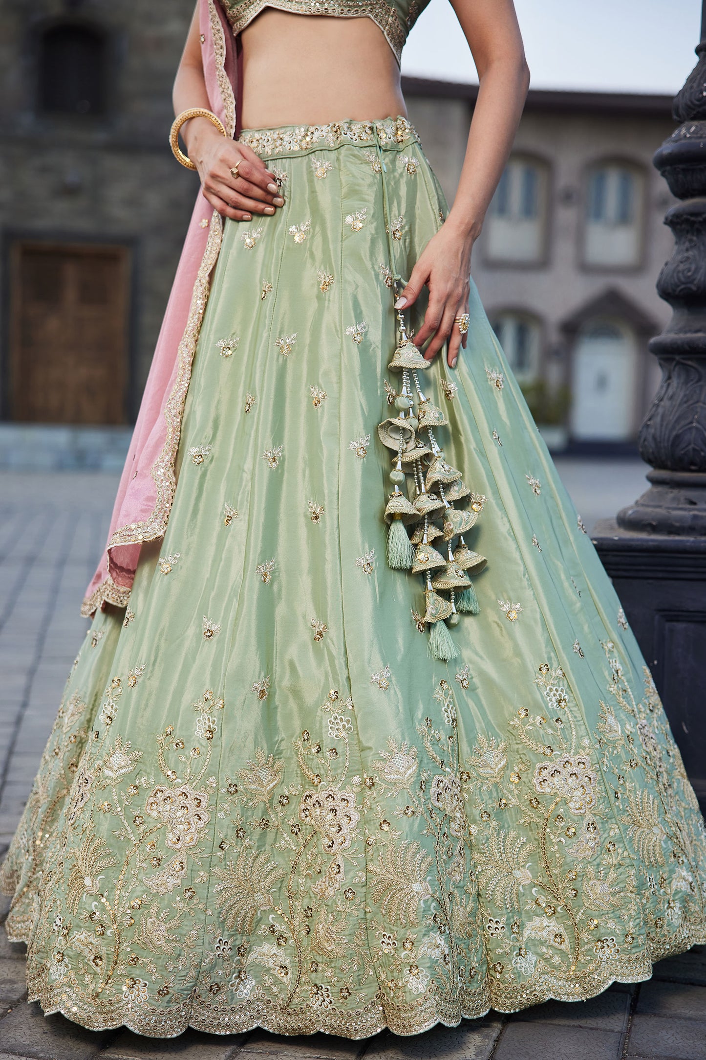 Lime green Satin Silk Sequins embroidery Lehenga choli & Dupatta