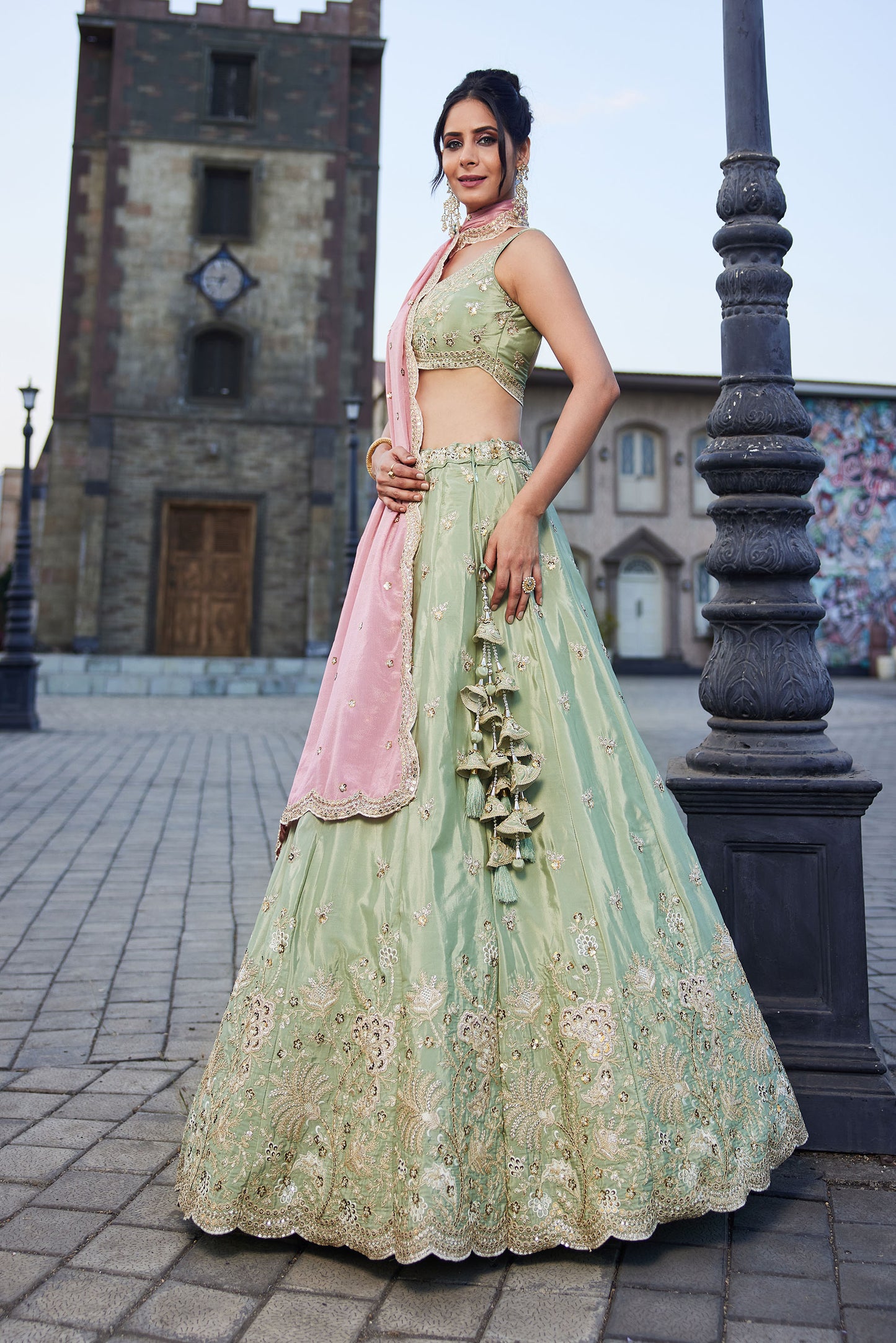 Lime green Satin Silk Sequins embroidery Lehenga choli & Dupatta