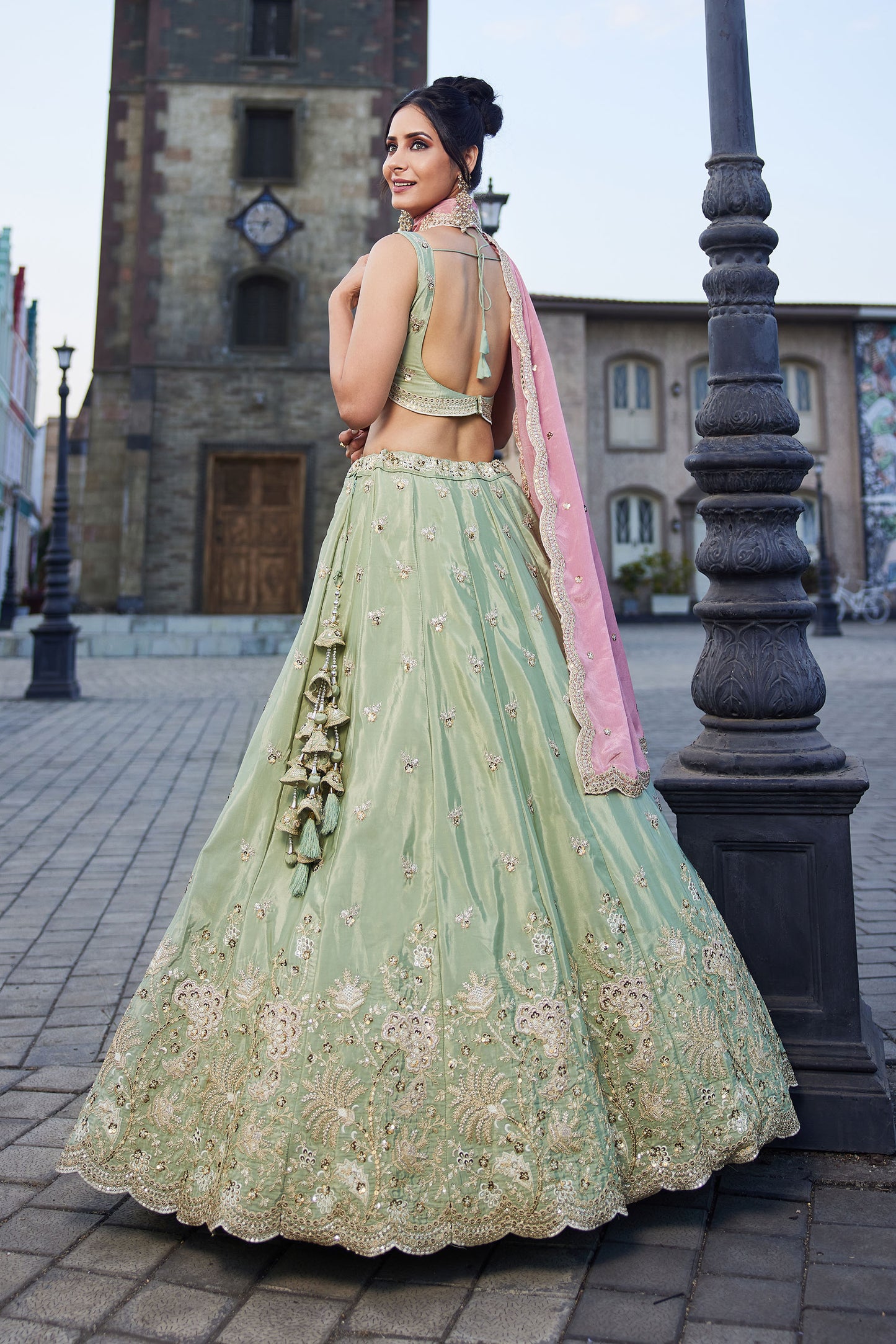 Lime green Satin Silk Sequins embroidery Lehenga choli & Dupatta