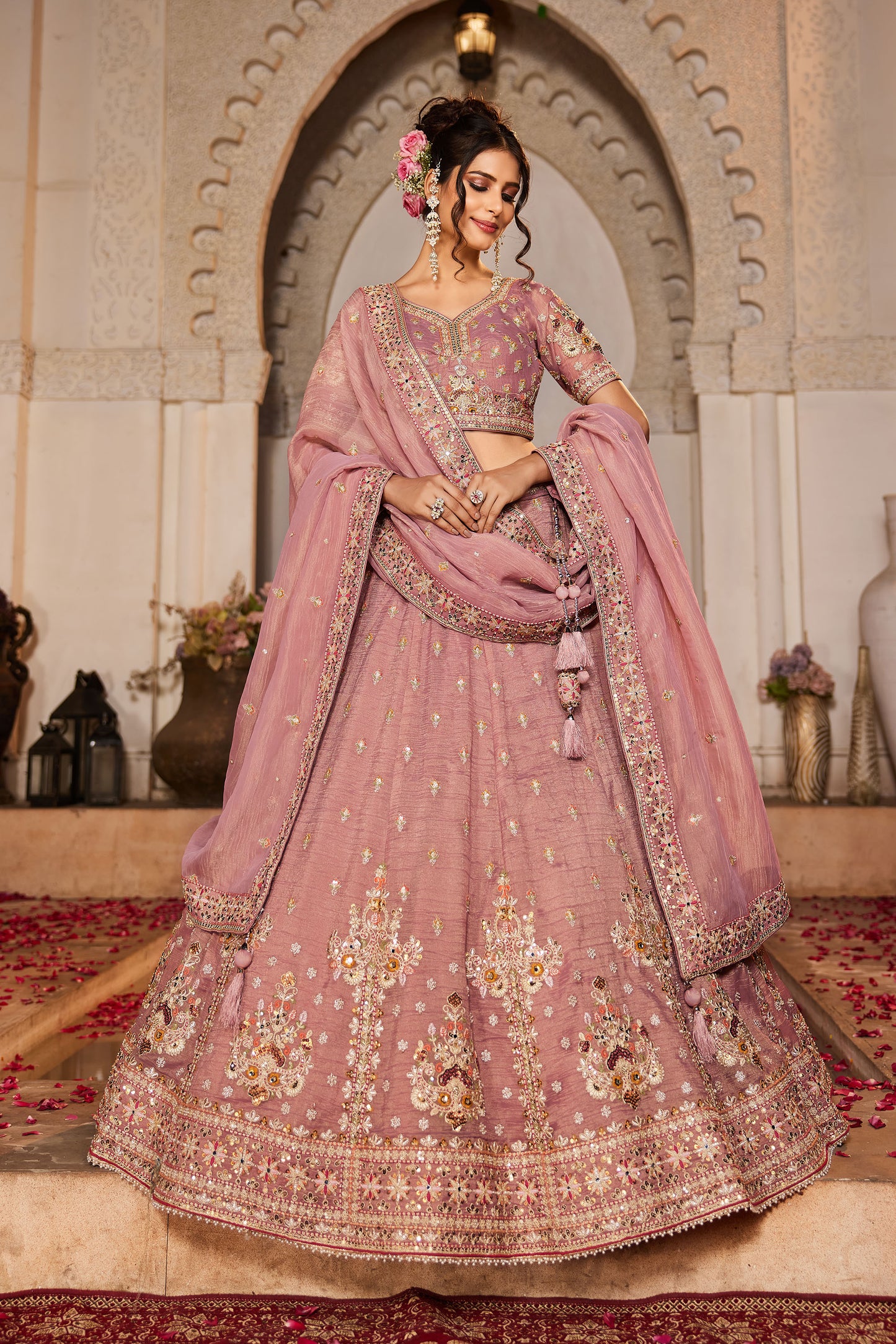 Pink colour Tissue Sequins embroidery Lehenga choli & Dupatta