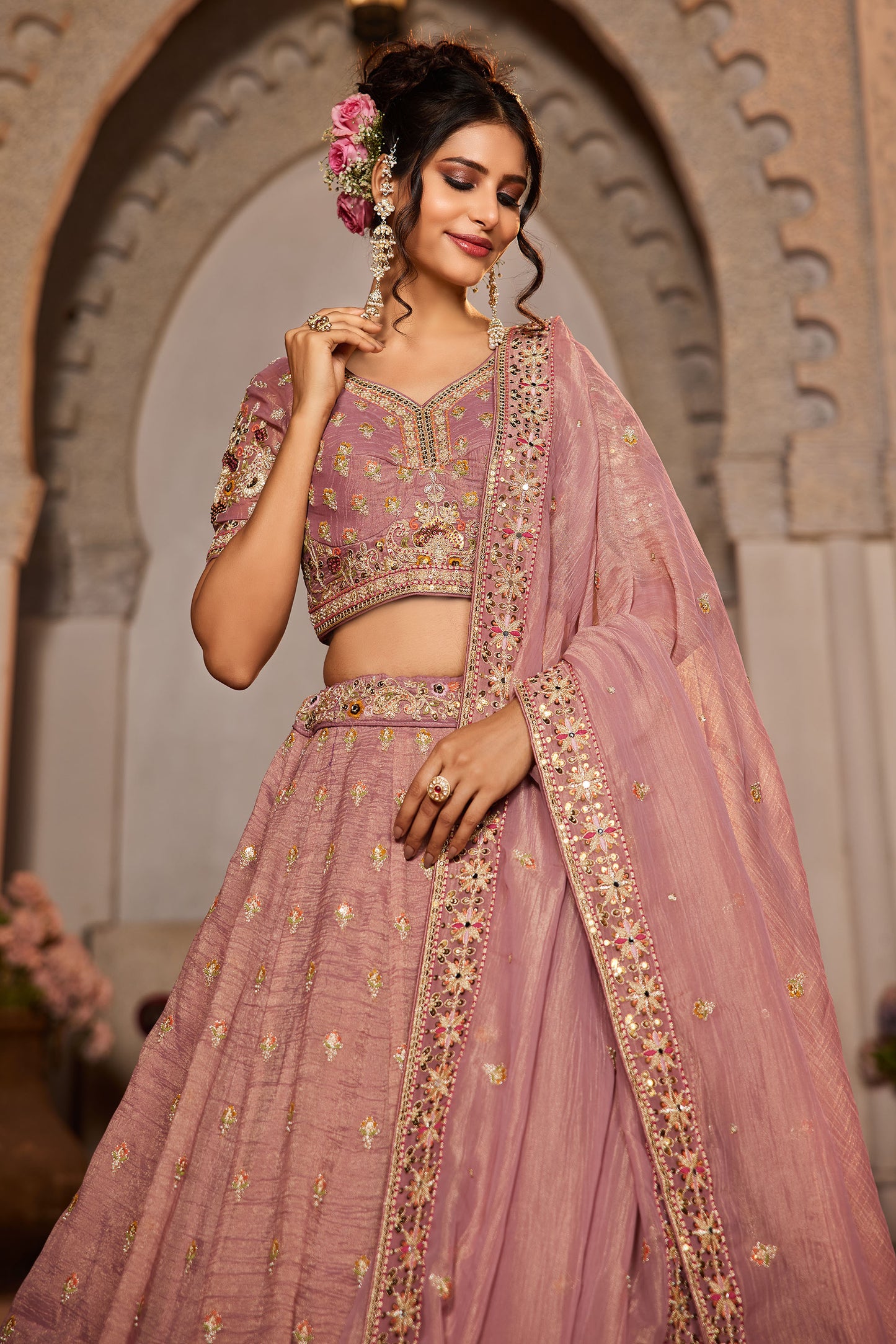 Pink colour Tissue Sequins embroidery Lehenga choli & Dupatta