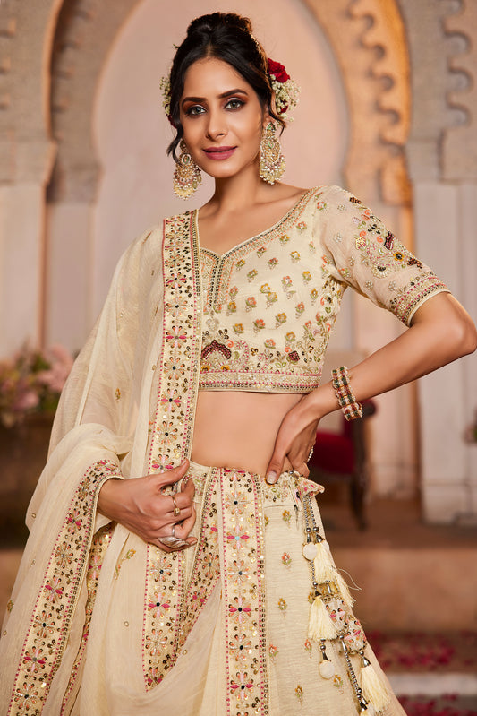 Cream colour Tissue Sequins embroidery Lehenga choli & Dupatta
