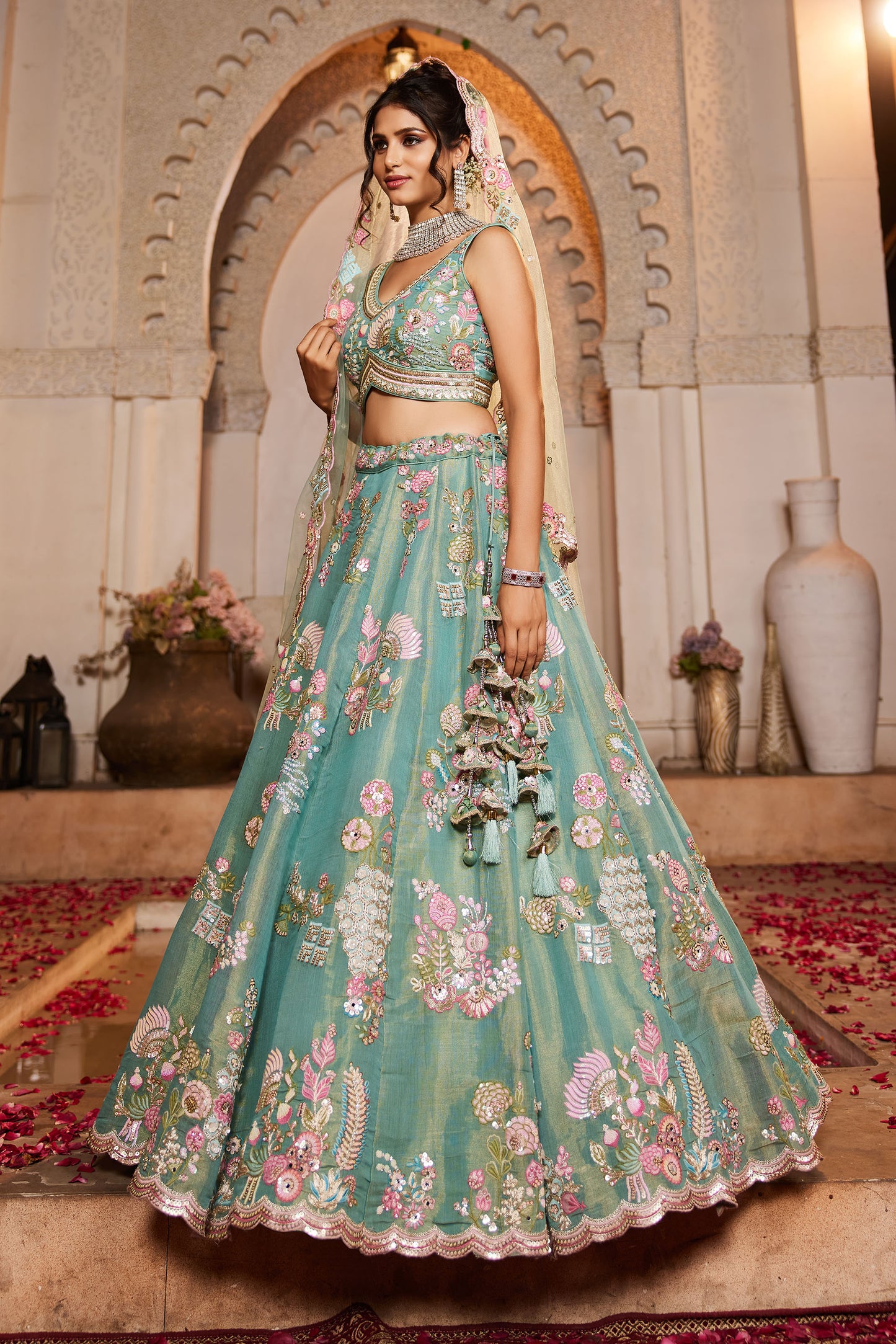 Sea Green Net Sequins embroidery Lehenga choli & Dupatta