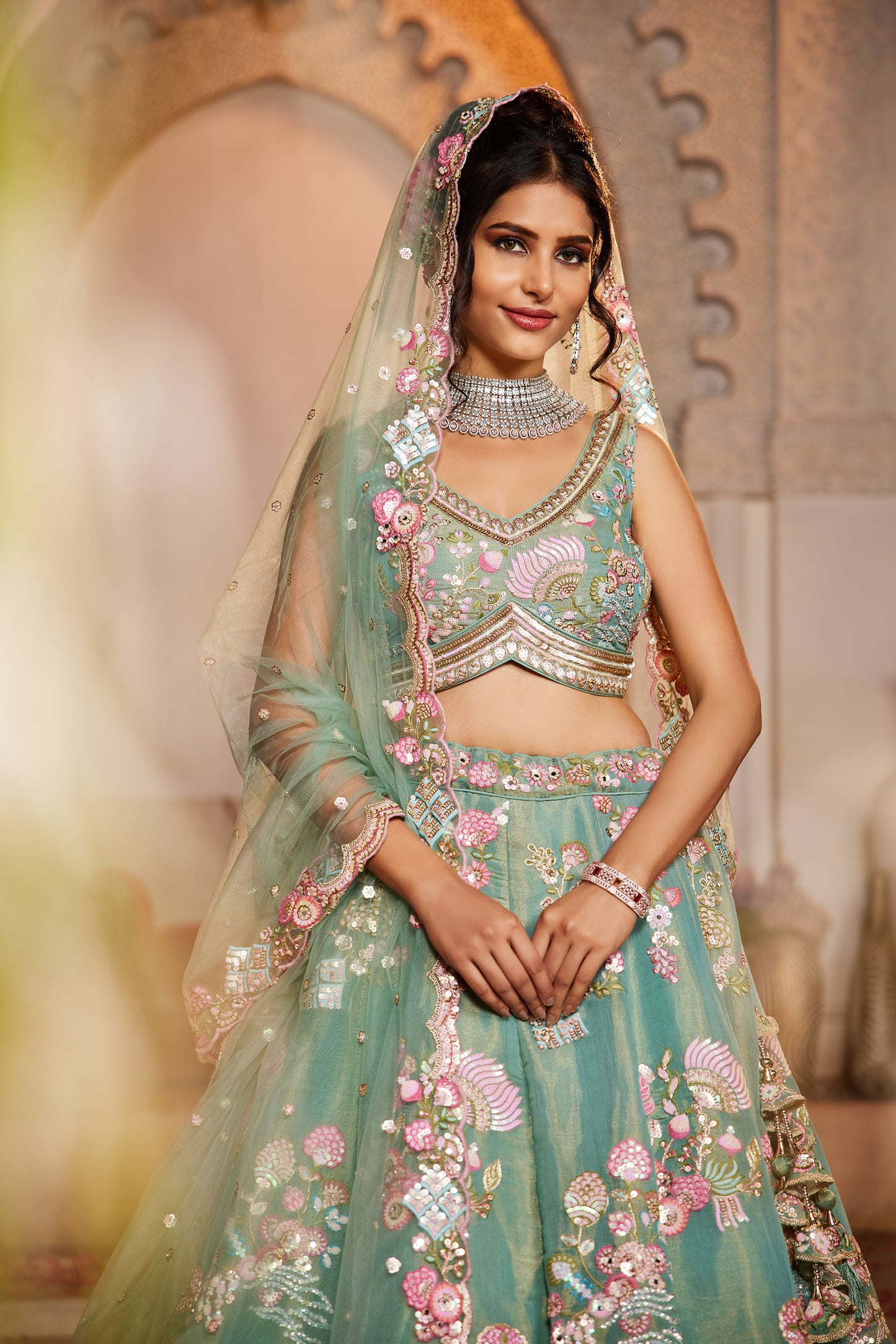 Sea Green Net Sequins embroidery Lehenga choli & Dupatta