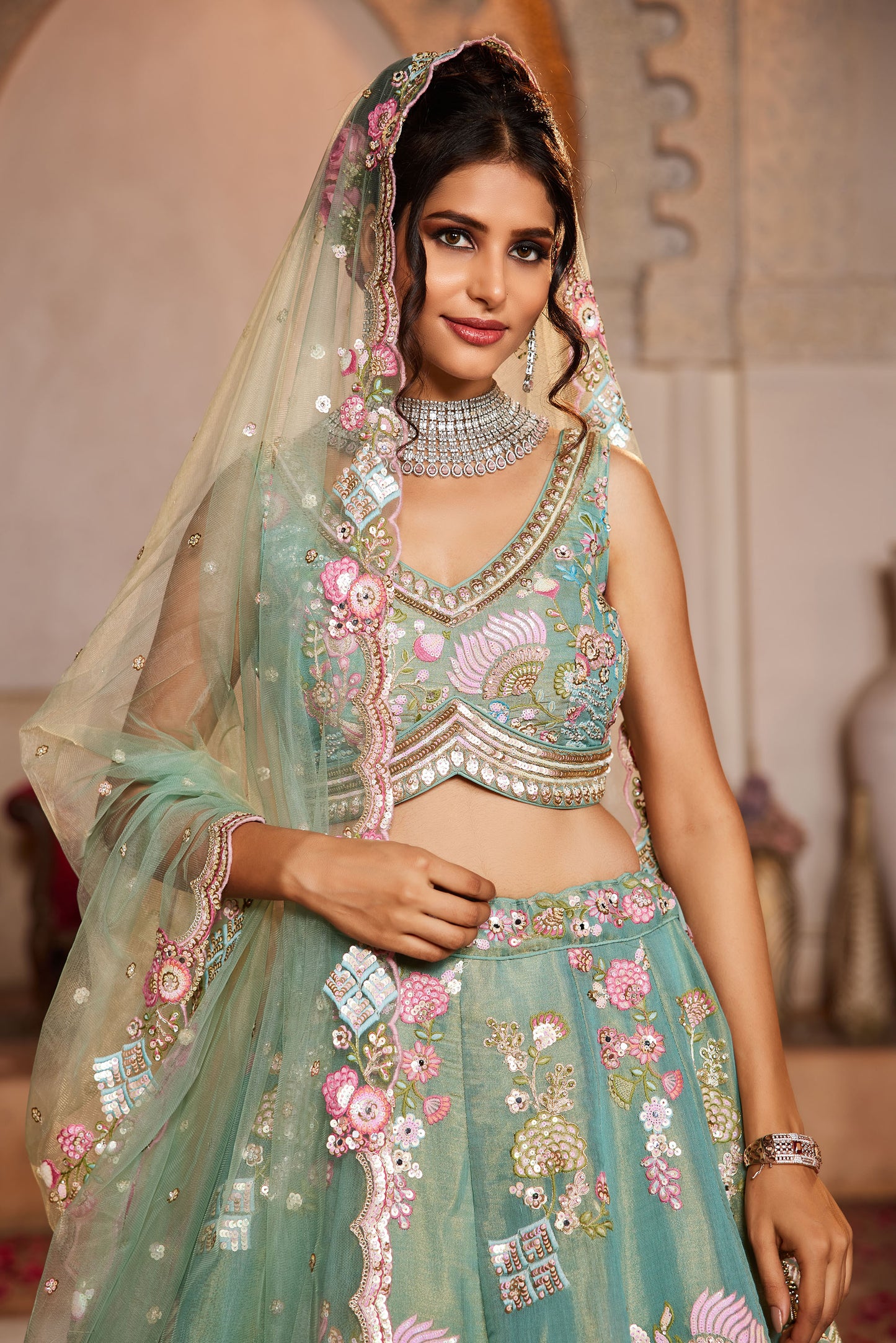 Sea Green Net Sequins embroidery Lehenga choli & Dupatta