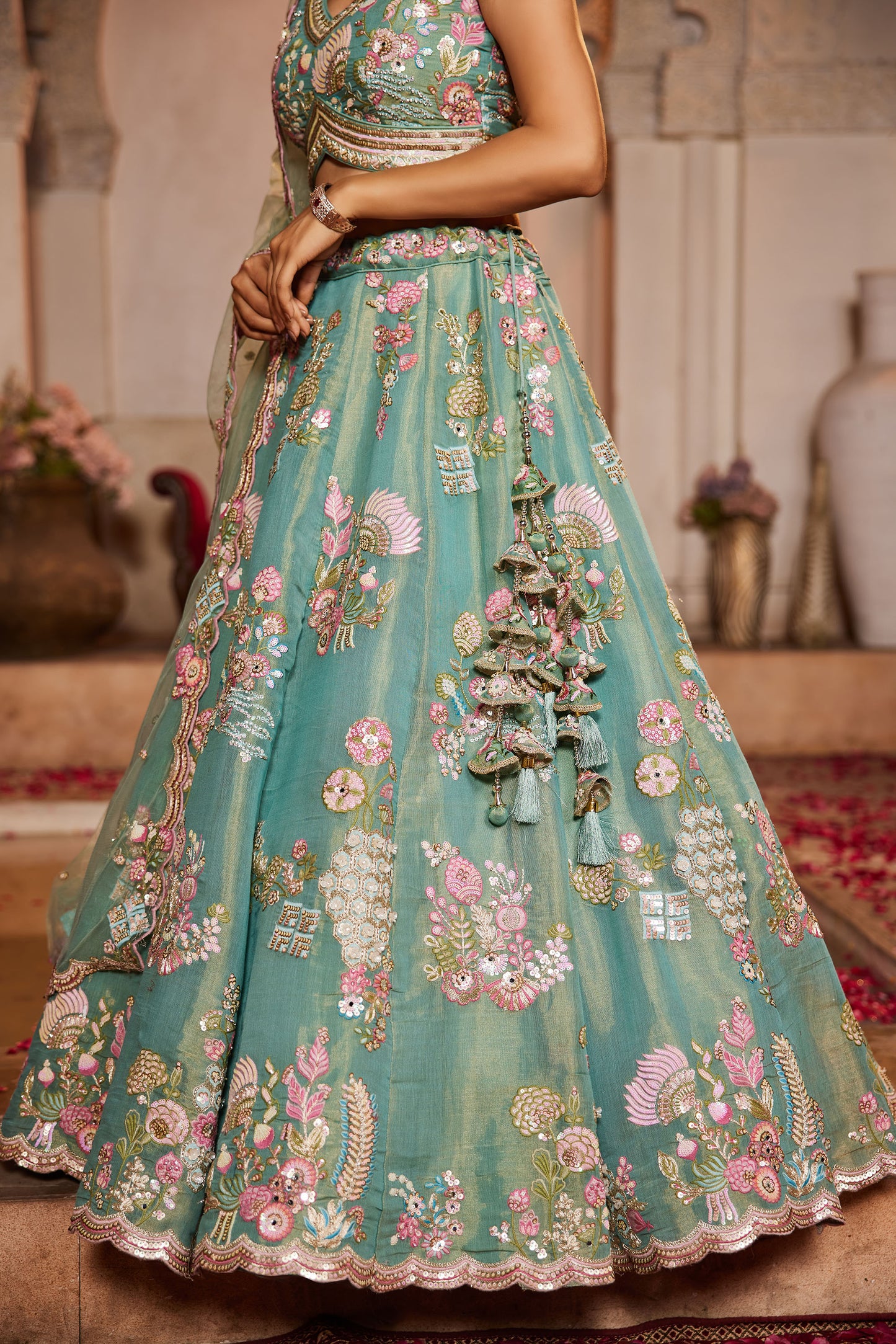 Sea Green Net Sequins embroidery Lehenga choli & Dupatta