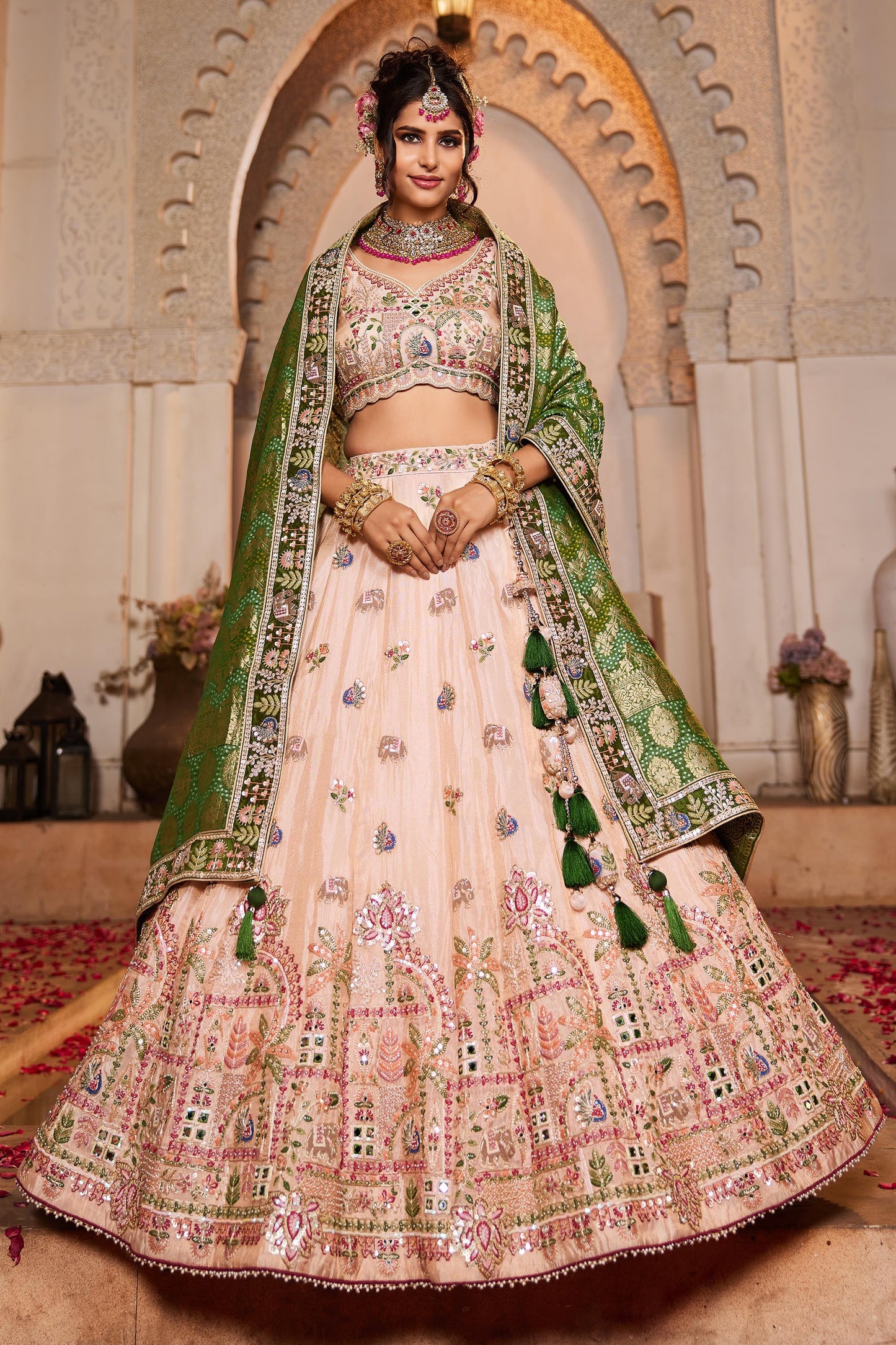 Peach tissue Mirror embroidery Lehenga choli & Dupatta