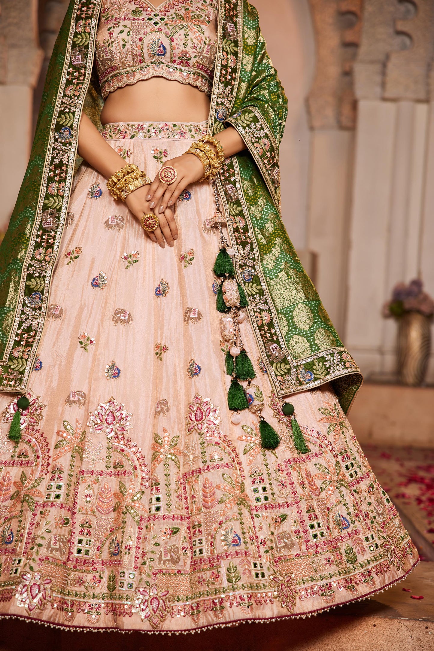 Peach tissue Mirror embroidery Lehenga choli & Dupatta
