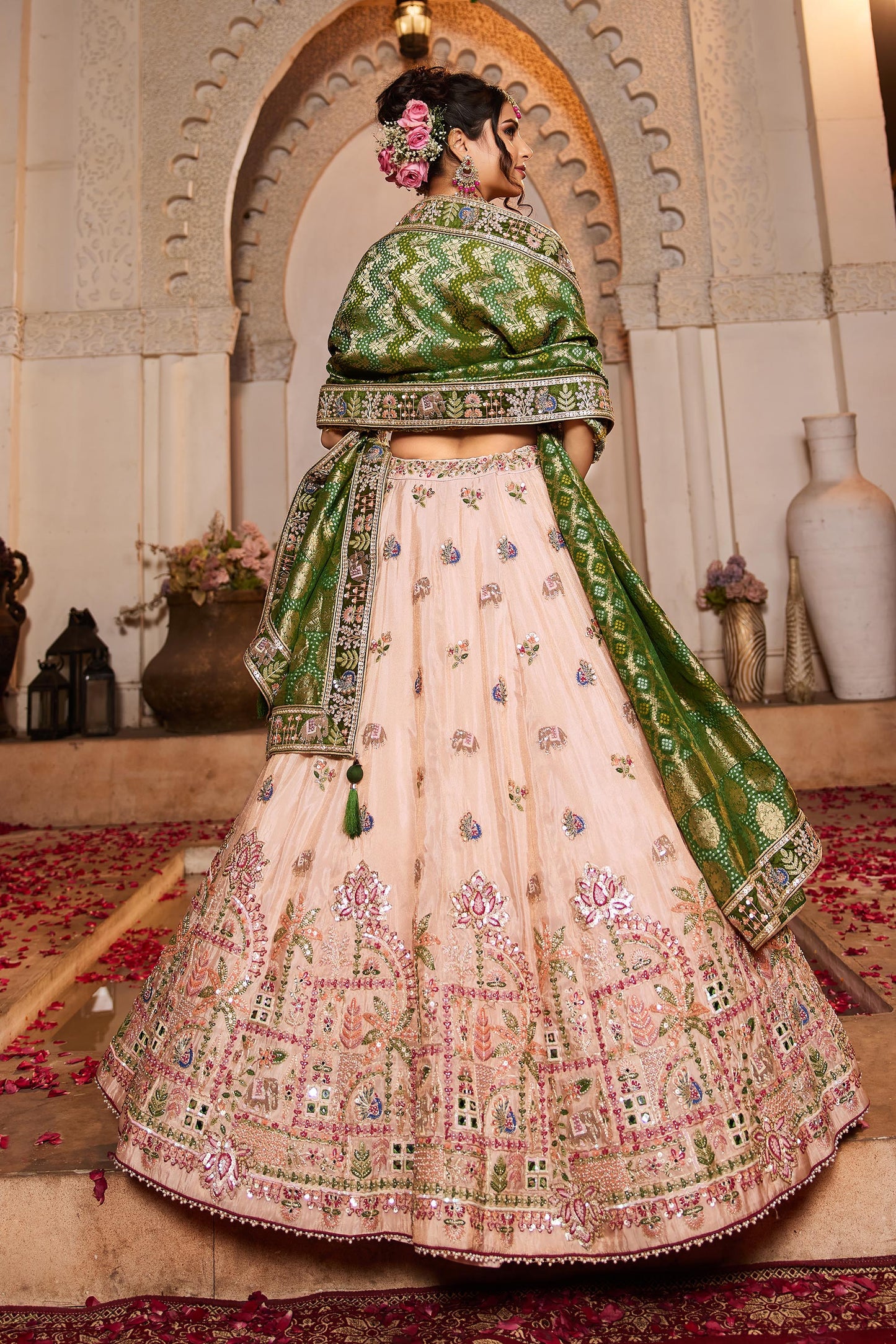 Peach tissue Mirror embroidery Lehenga choli & Dupatta