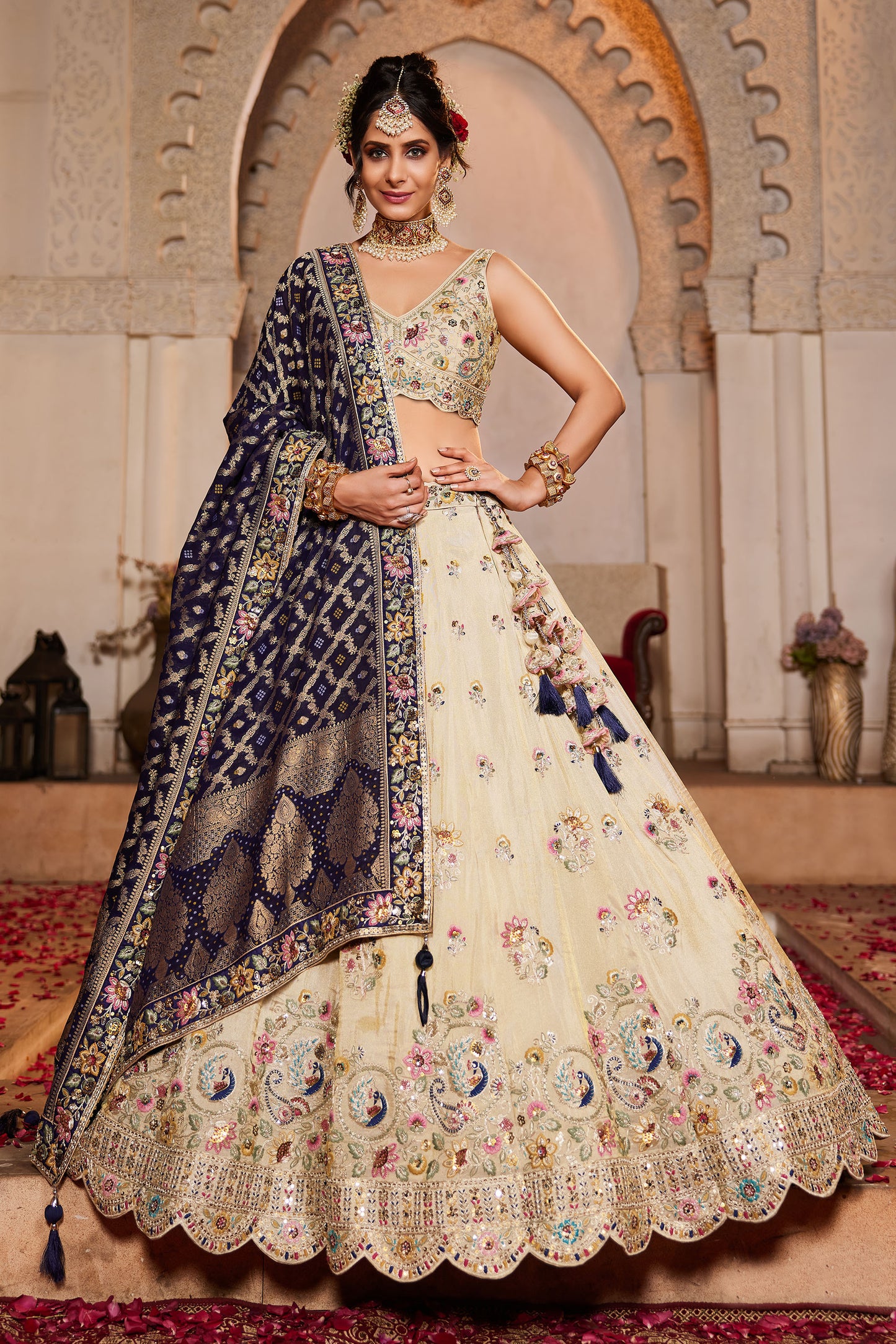 Navy Blue colour Tissue Sequins embroidery Lehenga choli & Dupatta