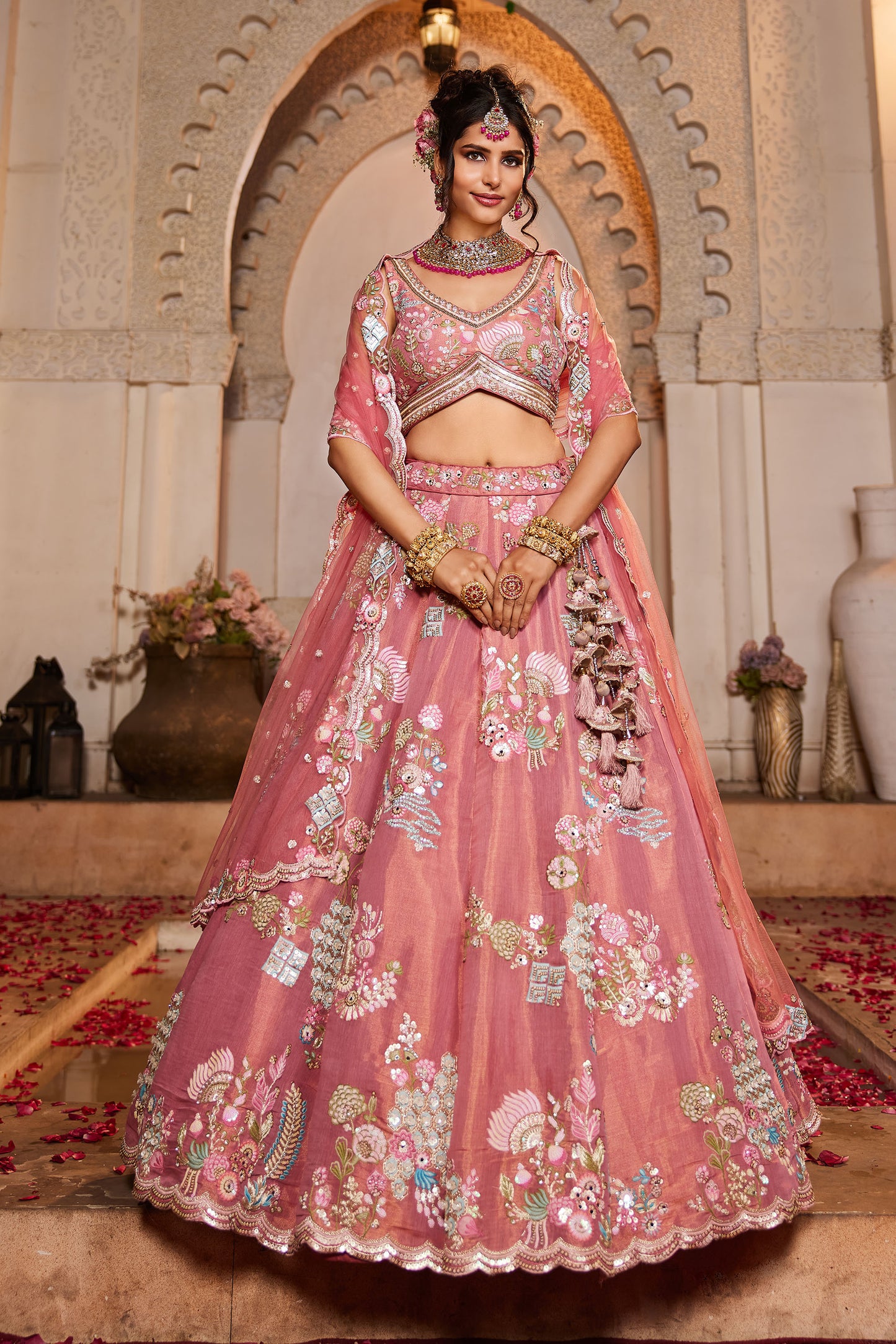 Pink Net Sequins embroidery Lehenga choli & Dupatta