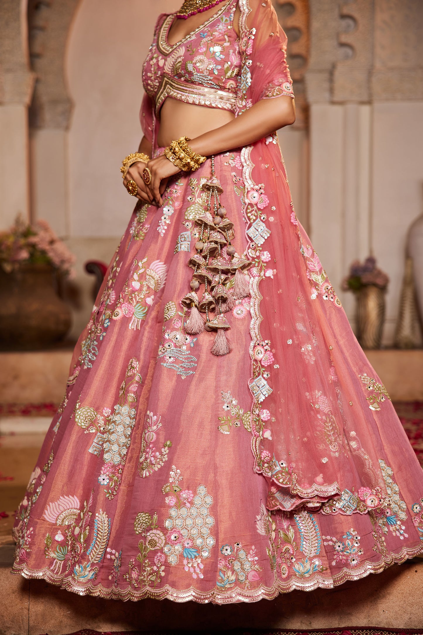 Pink Net Sequins embroidery Lehenga choli & Dupatta