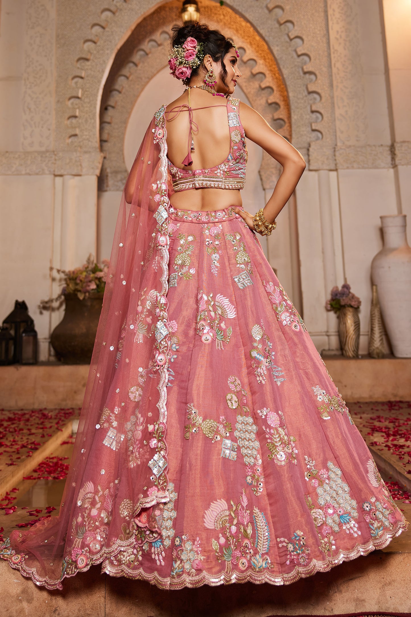 Pink Net Sequins embroidery Lehenga choli & Dupatta