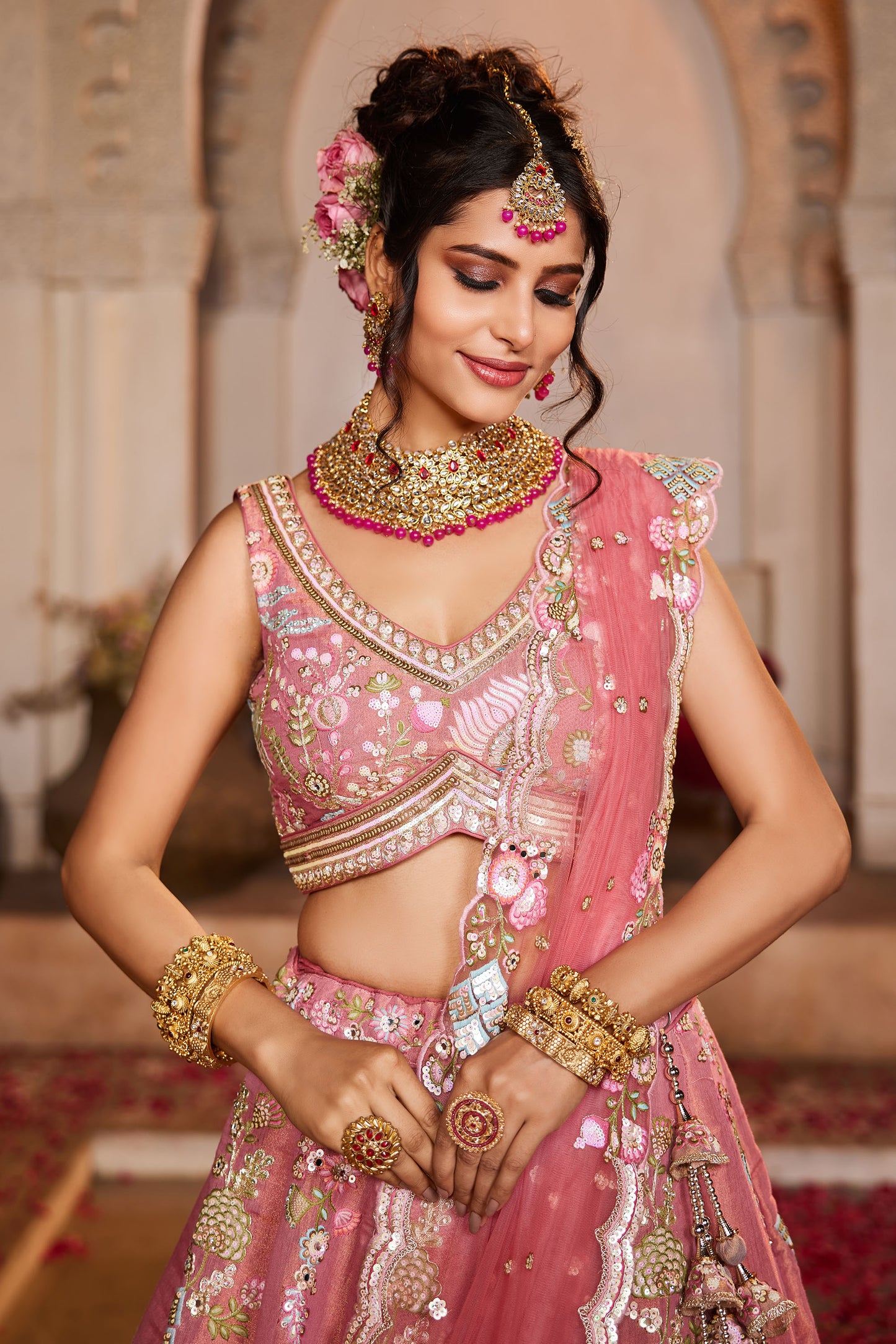 Pink Net Sequins embroidery Lehenga choli & Dupatta
