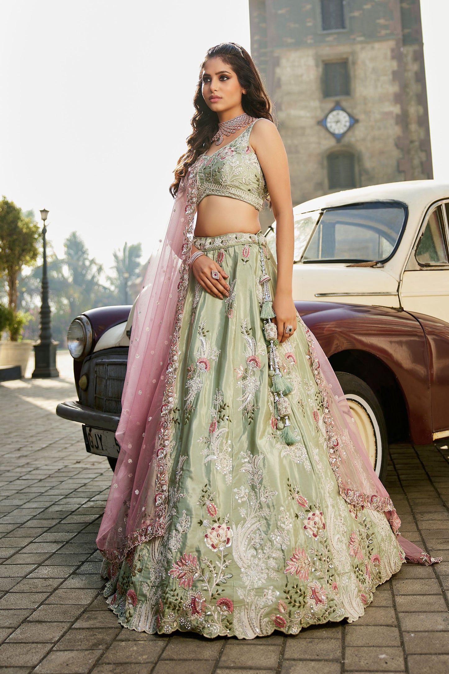 Lime green Satin Silk Sequins embroidery Lehenga choli & Dupatta