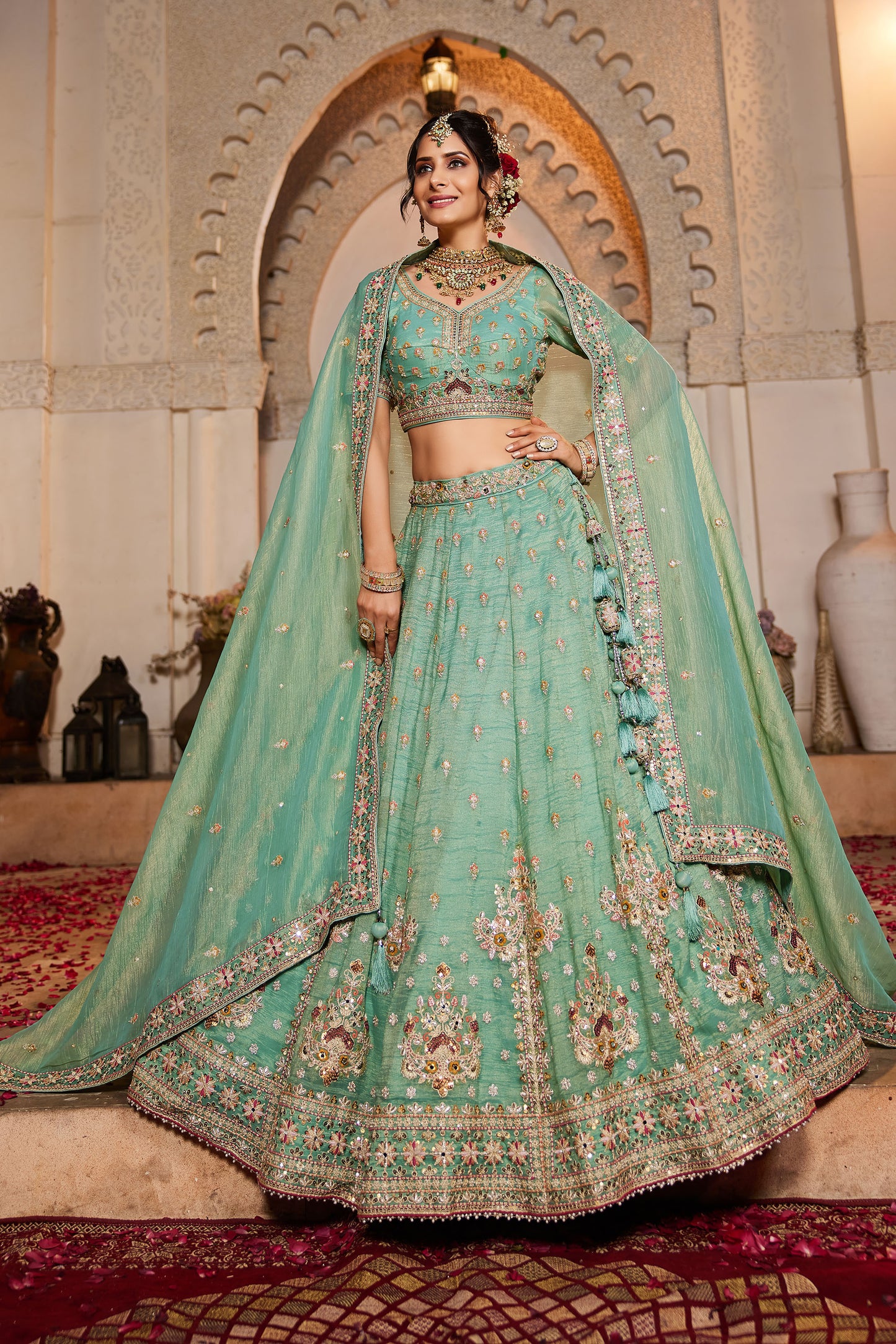 Lime green colour Tissue Sequins embroidery Lehenga choli & Dupatta