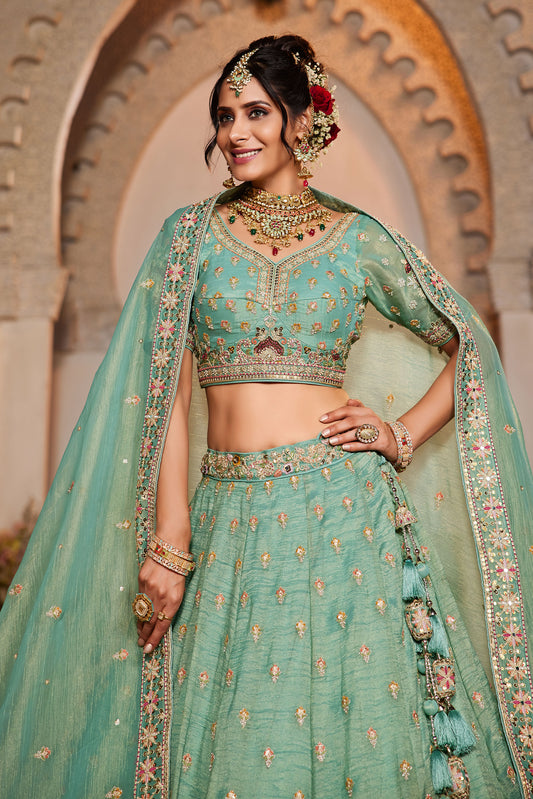 Lime green colour Tissue Sequins embroidery Lehenga choli & Dupatta