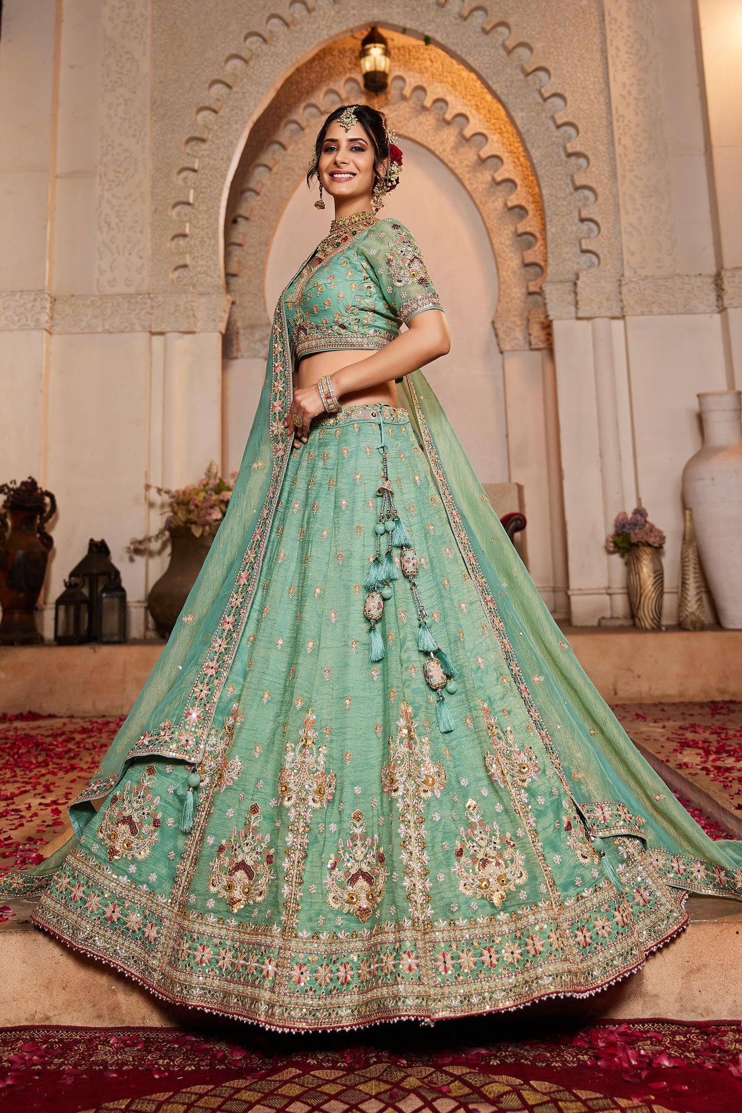 Lime green colour Tissue Sequins embroidery Lehenga choli & Dupatta